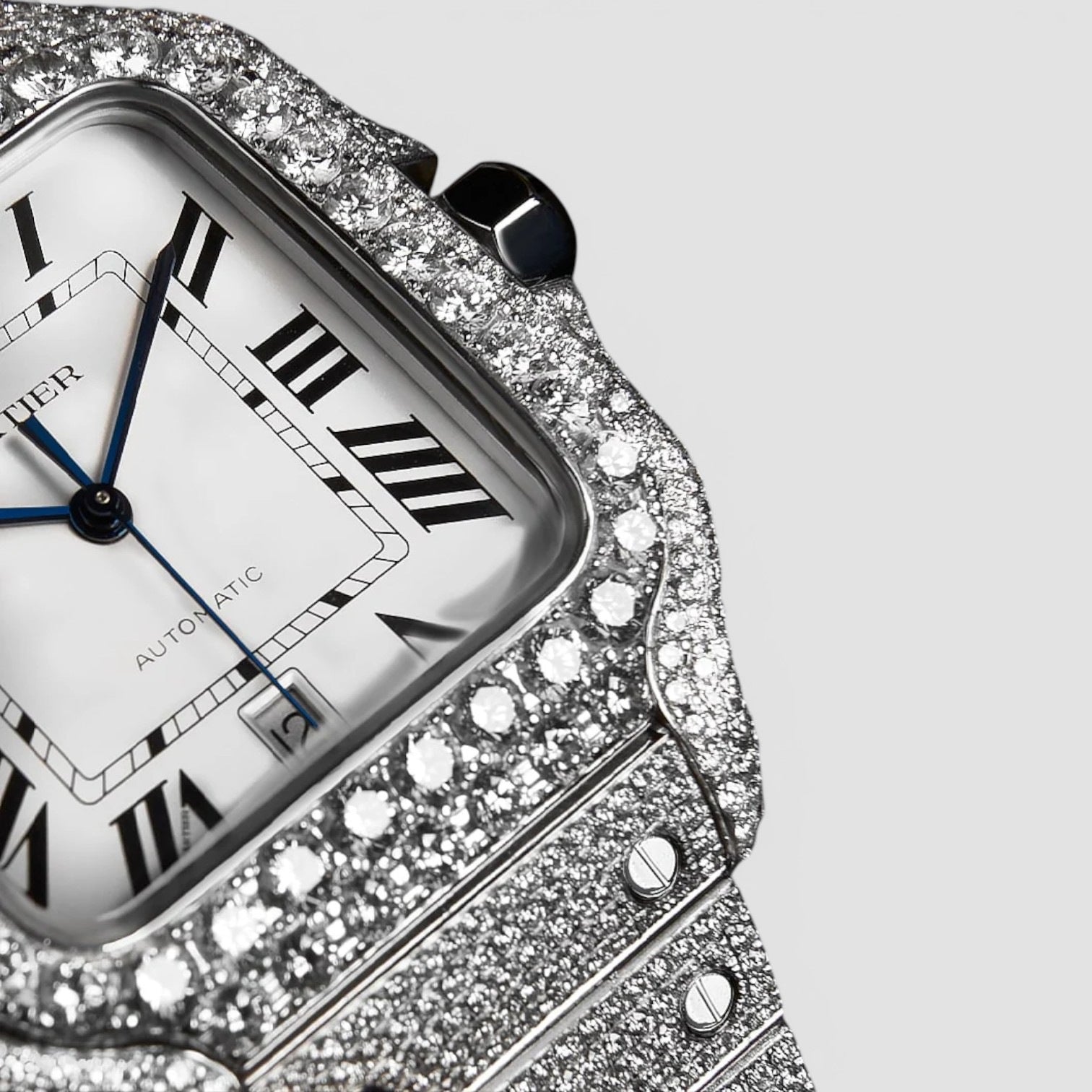 Cartier Santos Steel Diamond-Set with White Roman Dial Blue Swords