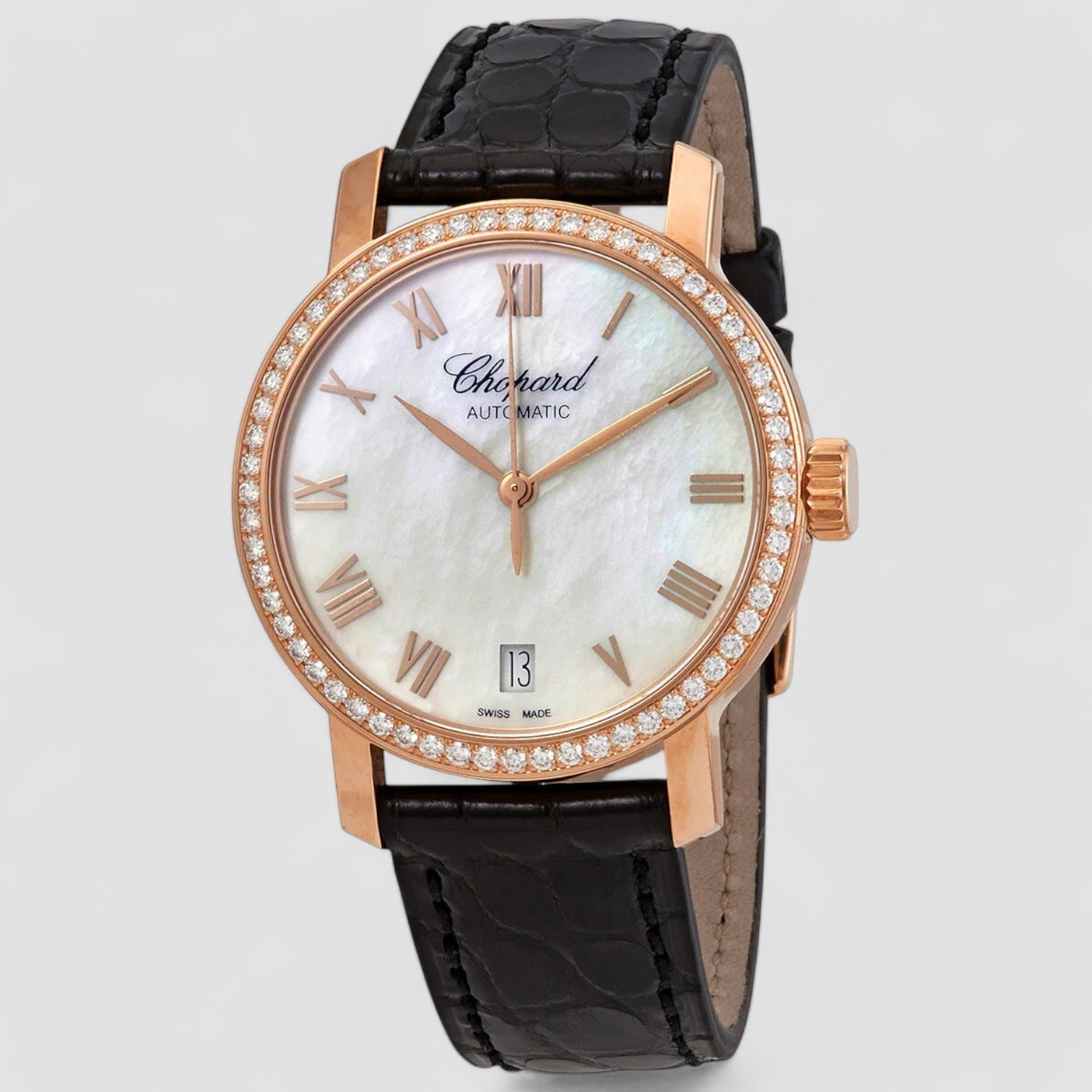 Classic 18kt Rose Gold Diamond White Mother of Pearl Dial Watch