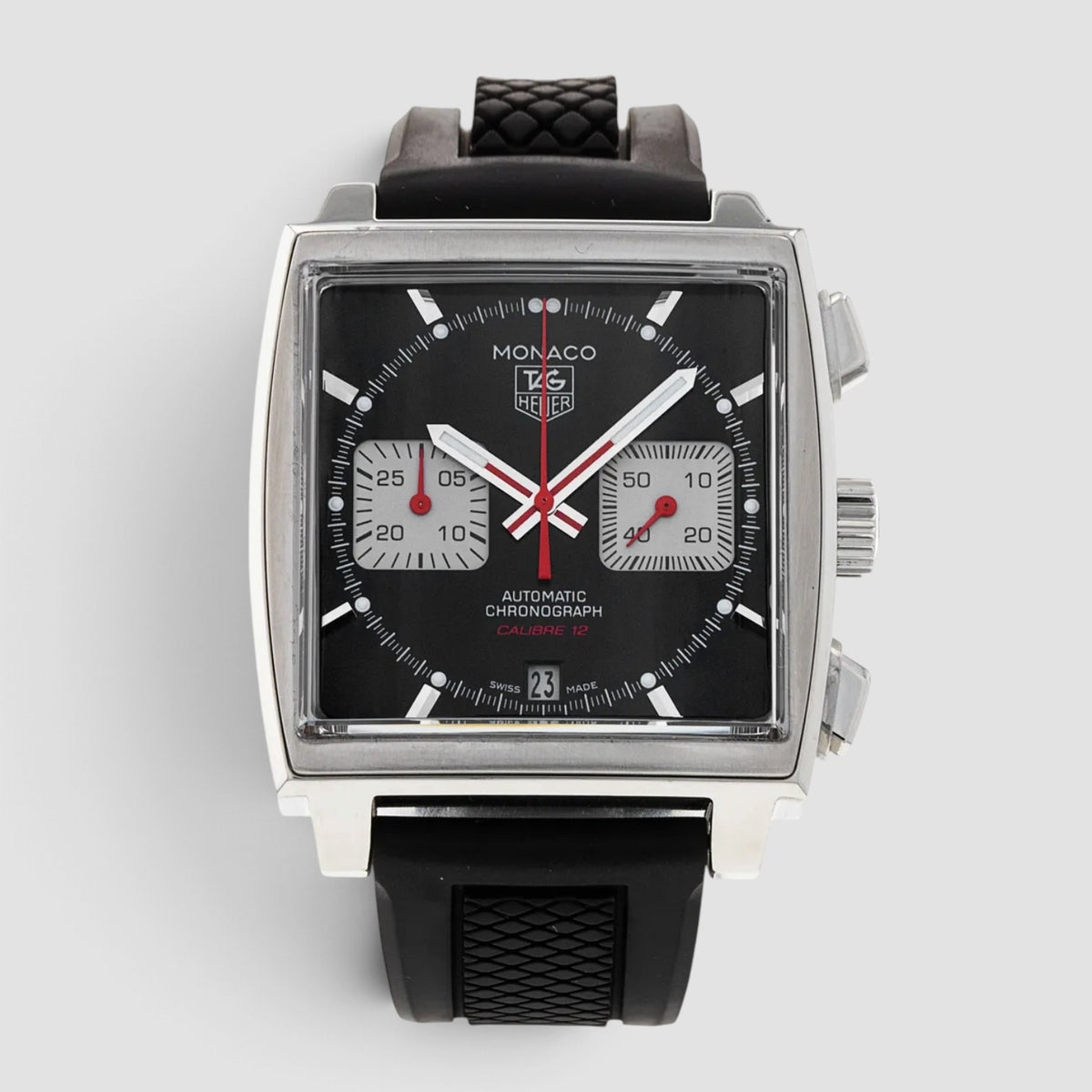Monaco Calibre 12 Black Dial Red Accents Chronograph