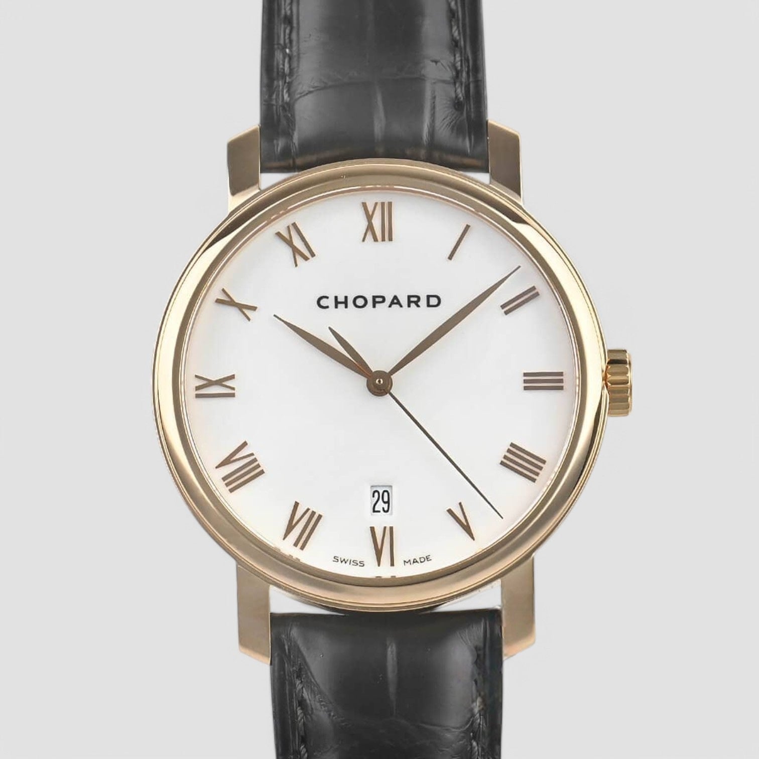 Classic White Dial 18kt Rose Gold Brown Leather Unisex Watch