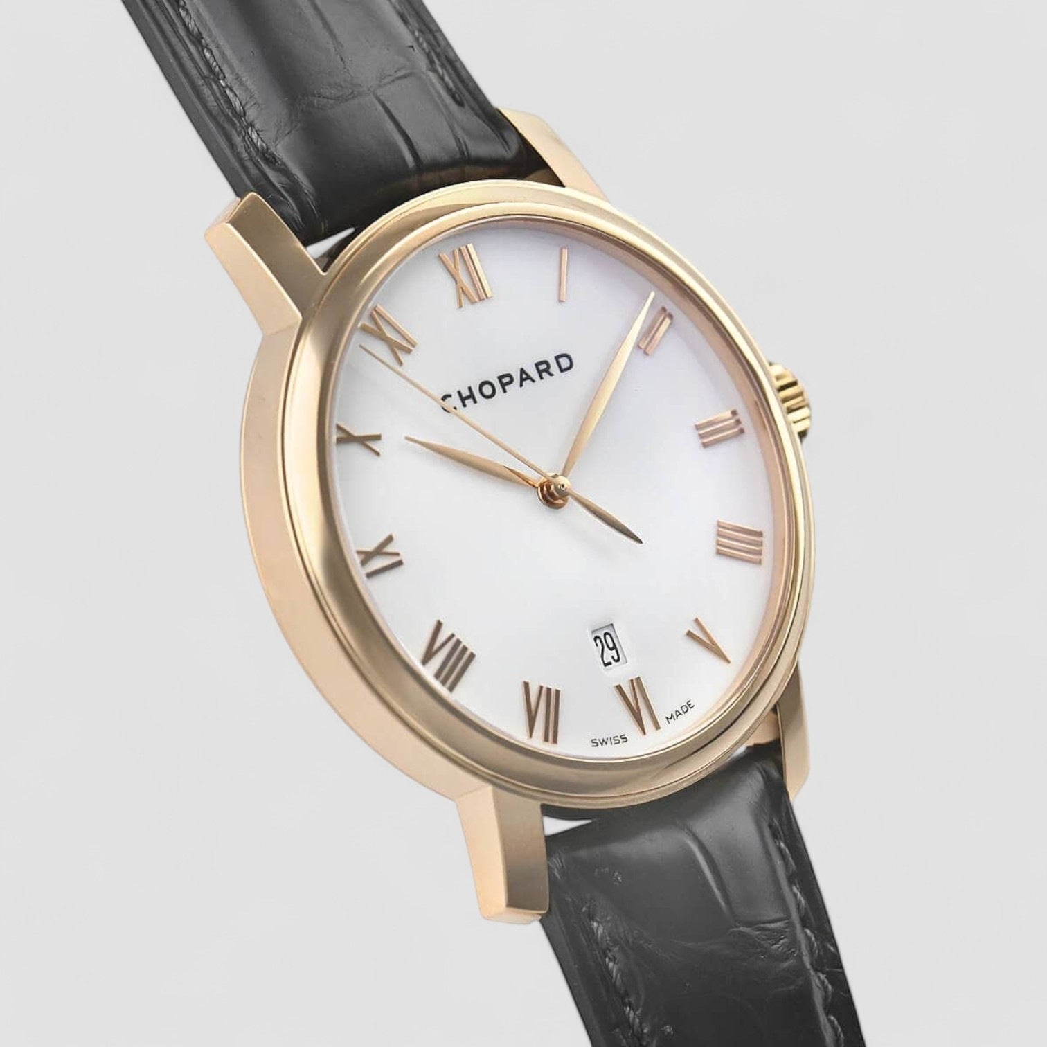 Classic White Dial 18kt Rose Gold Brown Leather Unisex Watch