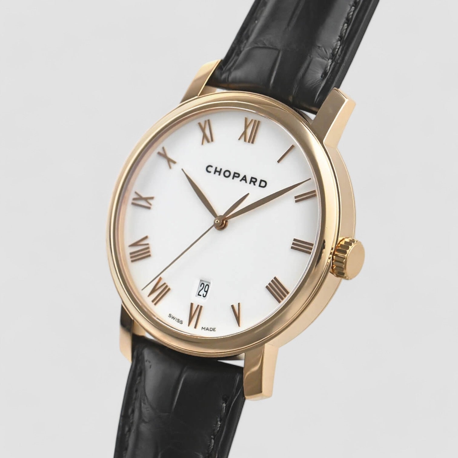 Classic White Dial 18kt Rose Gold Brown Leather Unisex Watch