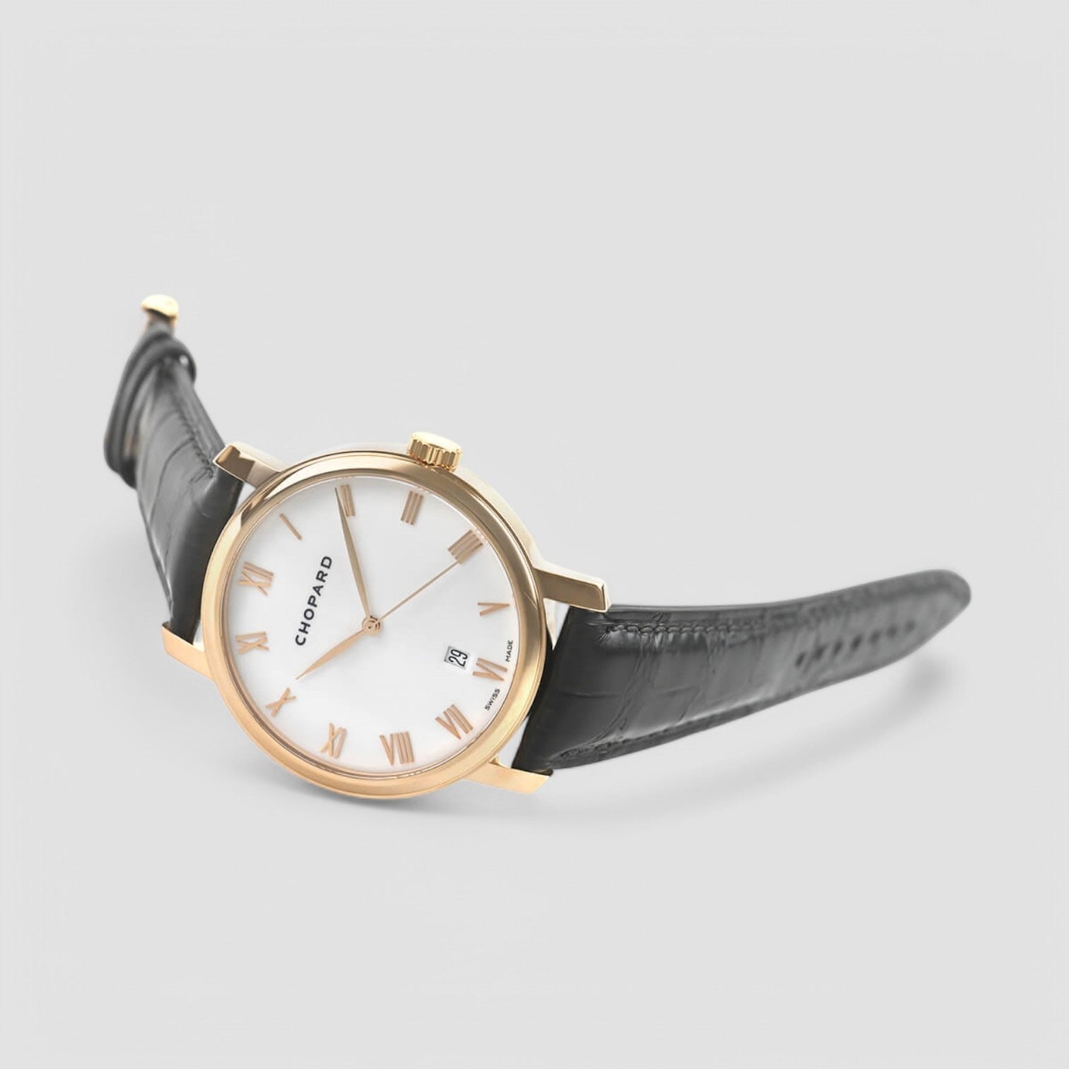Classic White Dial 18kt Rose Gold Brown Leather Unisex Watch