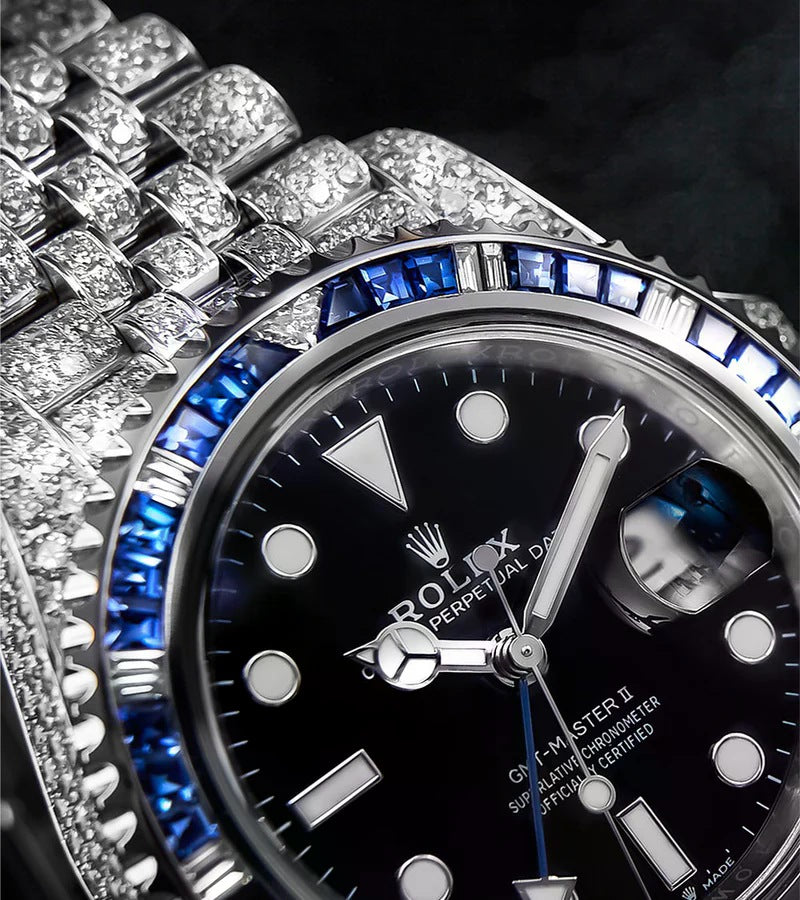 GMT-Master II "Batgirl" – Custom Diamond-Set with Blue/Black Gemstone bezel Iced Out