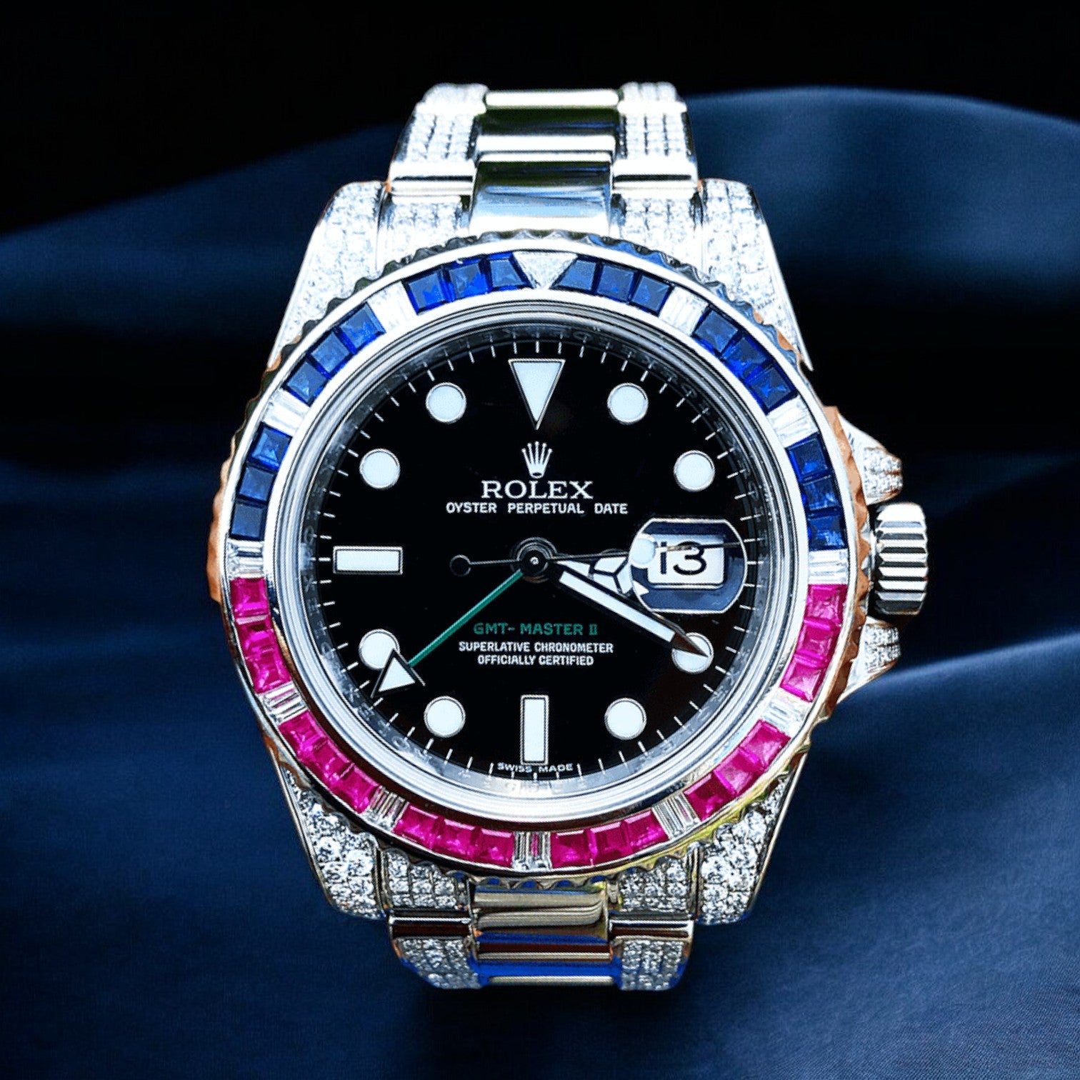 GMT-Master II – 40 mm – “Pepsi” Oyster – Black Dial – Custom Diamond-Set  Iced Out