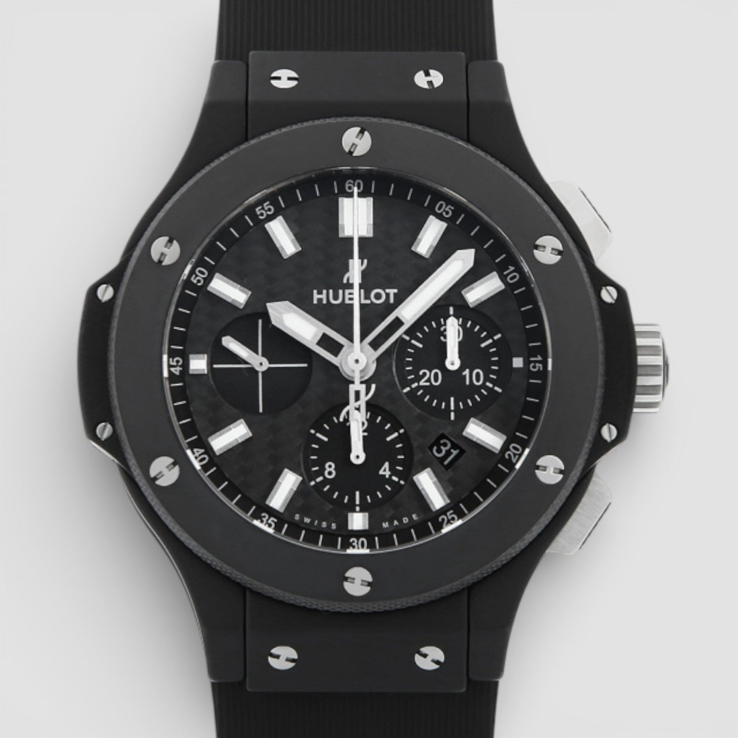 Black Hublot watch on a white background