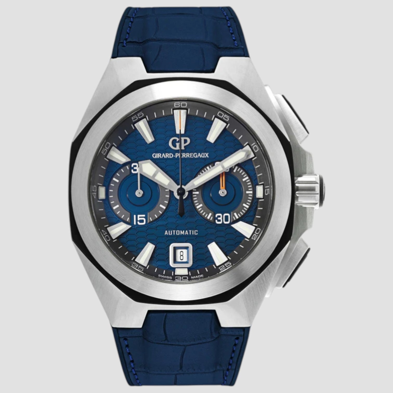 Luxury watch with blue strap and detailed face on a light gray background