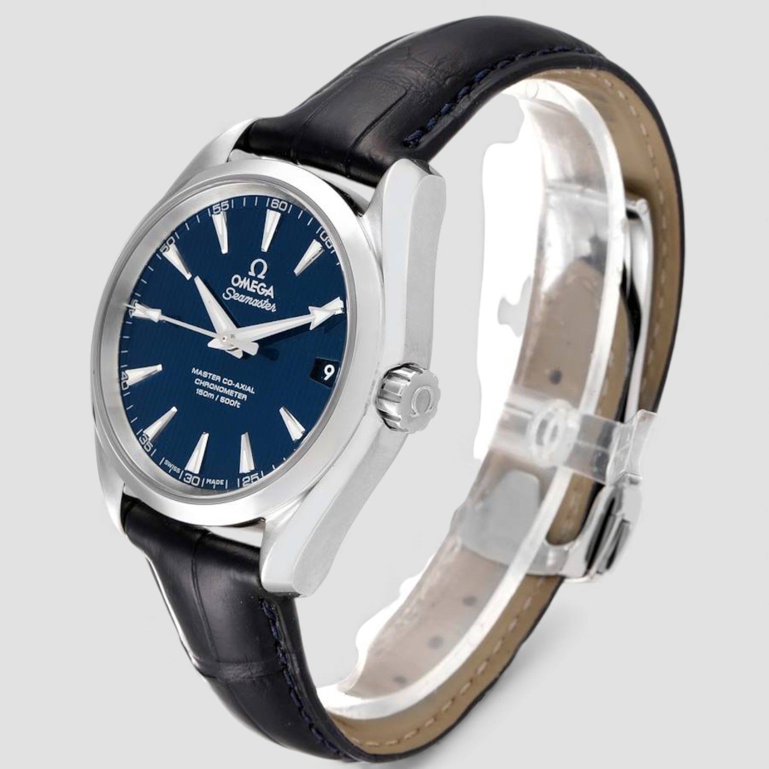 Omega watch with blue dial and black leather strap on a light gray background