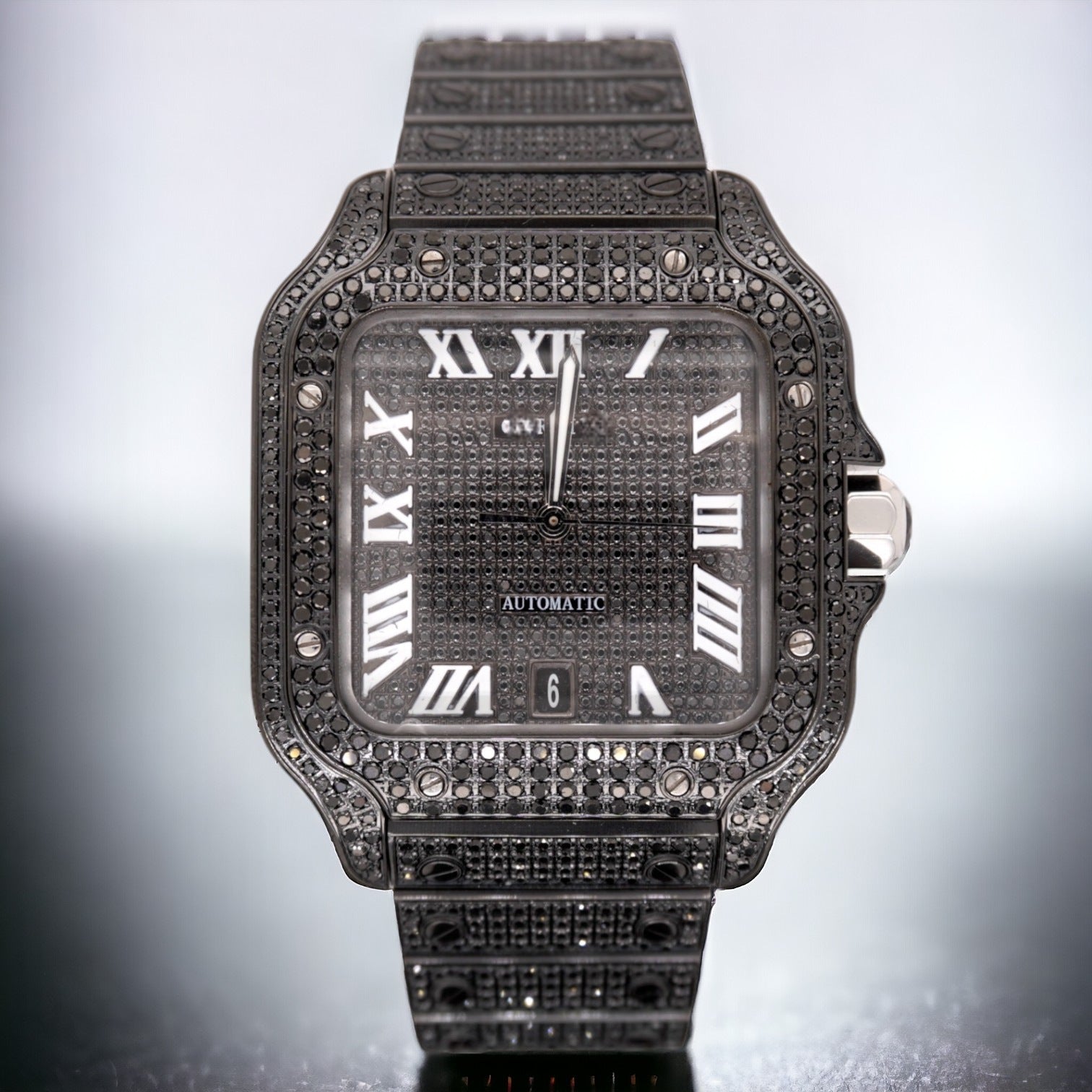 Santos De Cartier Black PVD Iced Out Diamonds Roman Dial - Custom Pave