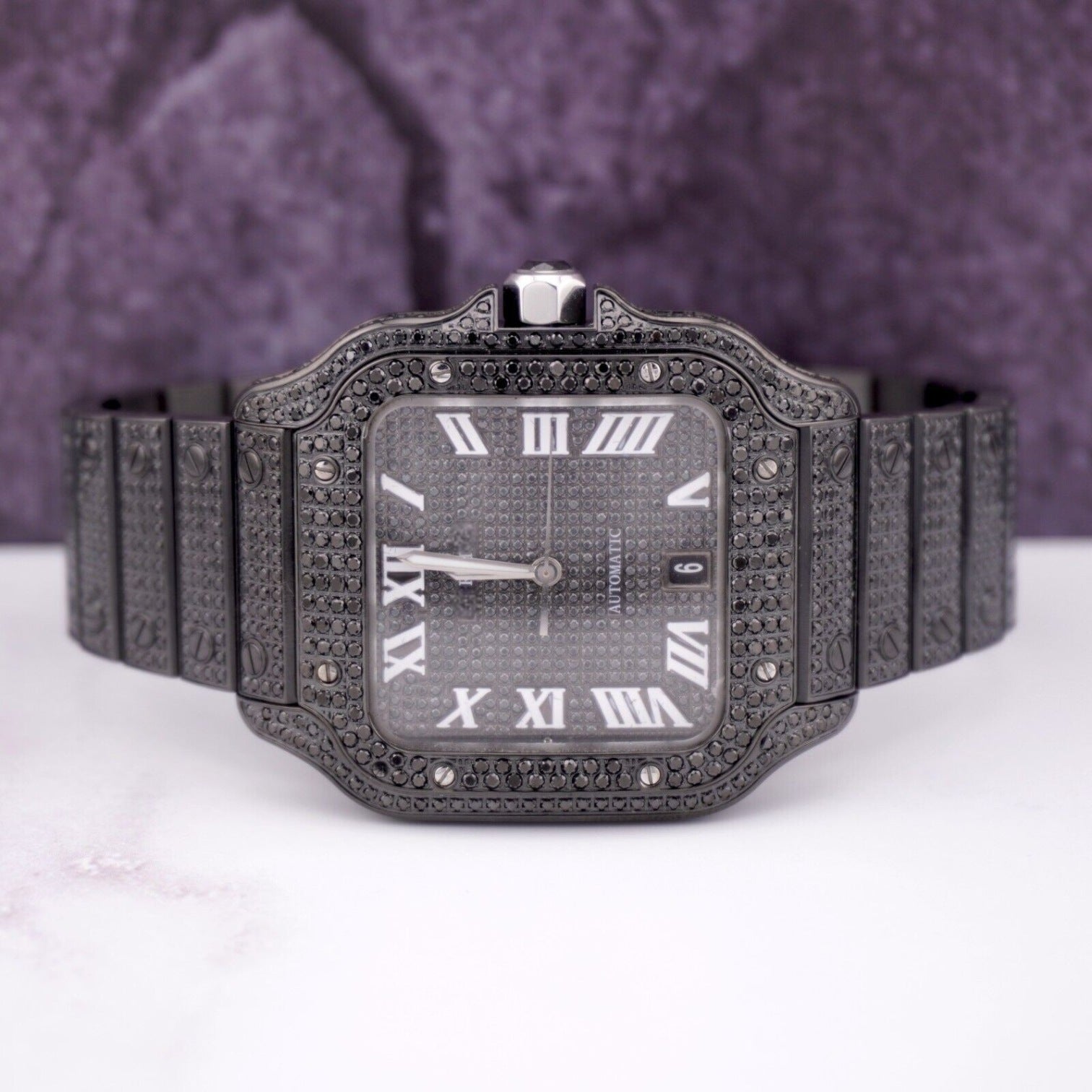Santos De Cartier Black PVD Iced Out Diamonds Roman Dial - Custom Pave