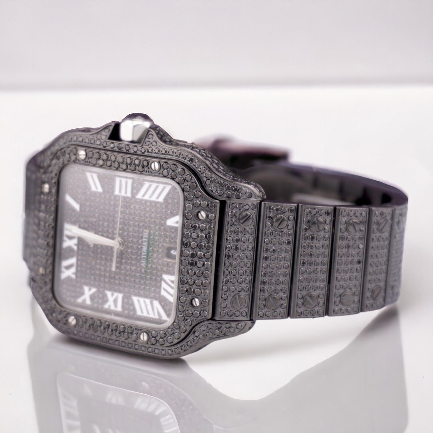 Santos De Cartier Black PVD Iced Out Diamonds Roman Dial - Custom Pave