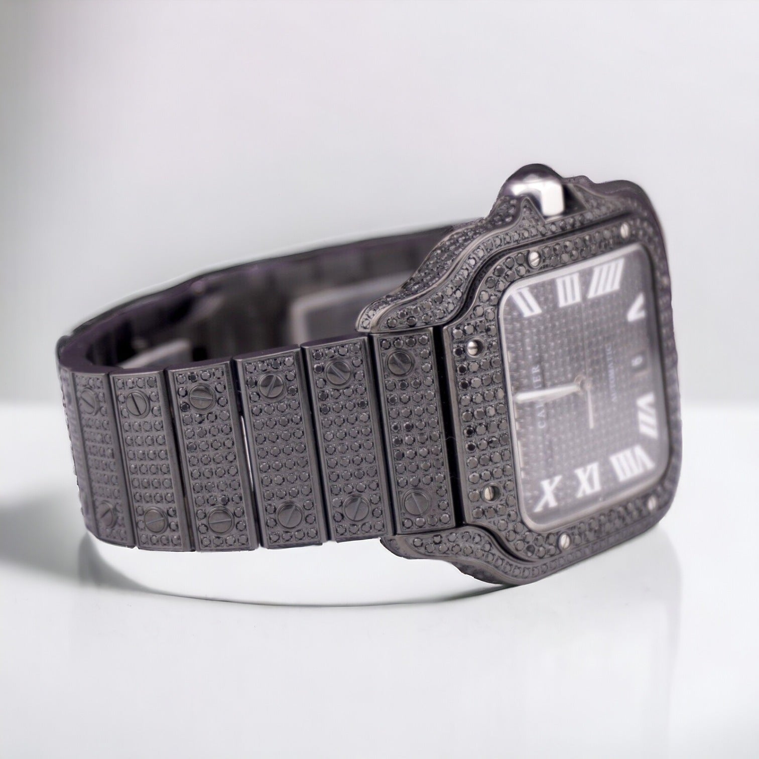 Santos De Cartier Black PVD Iced Out Diamonds Roman Dial - Custom Pave