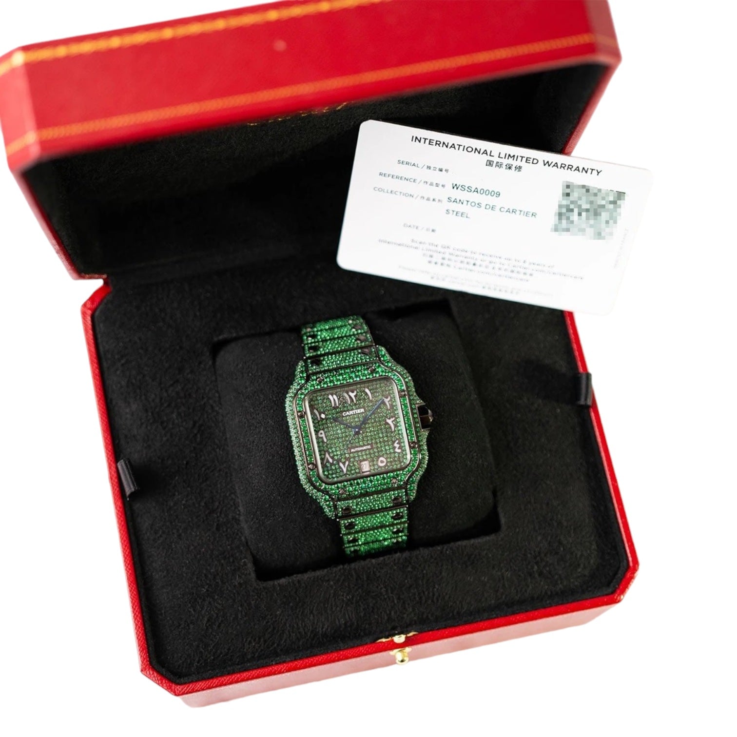 Santos De Cartier Full Iced out – Diamonds – Green Emeralds Arabic - Custom