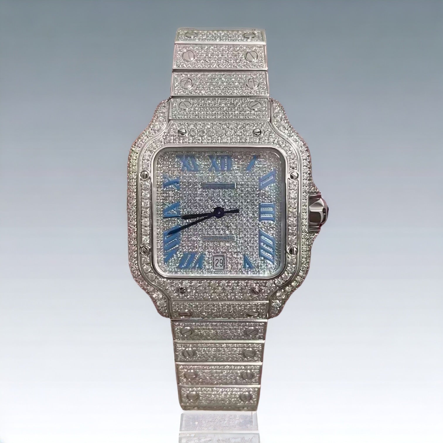 Cartier Santos Fully Iced Out Custom Baby Blue Enamel Pave Dial