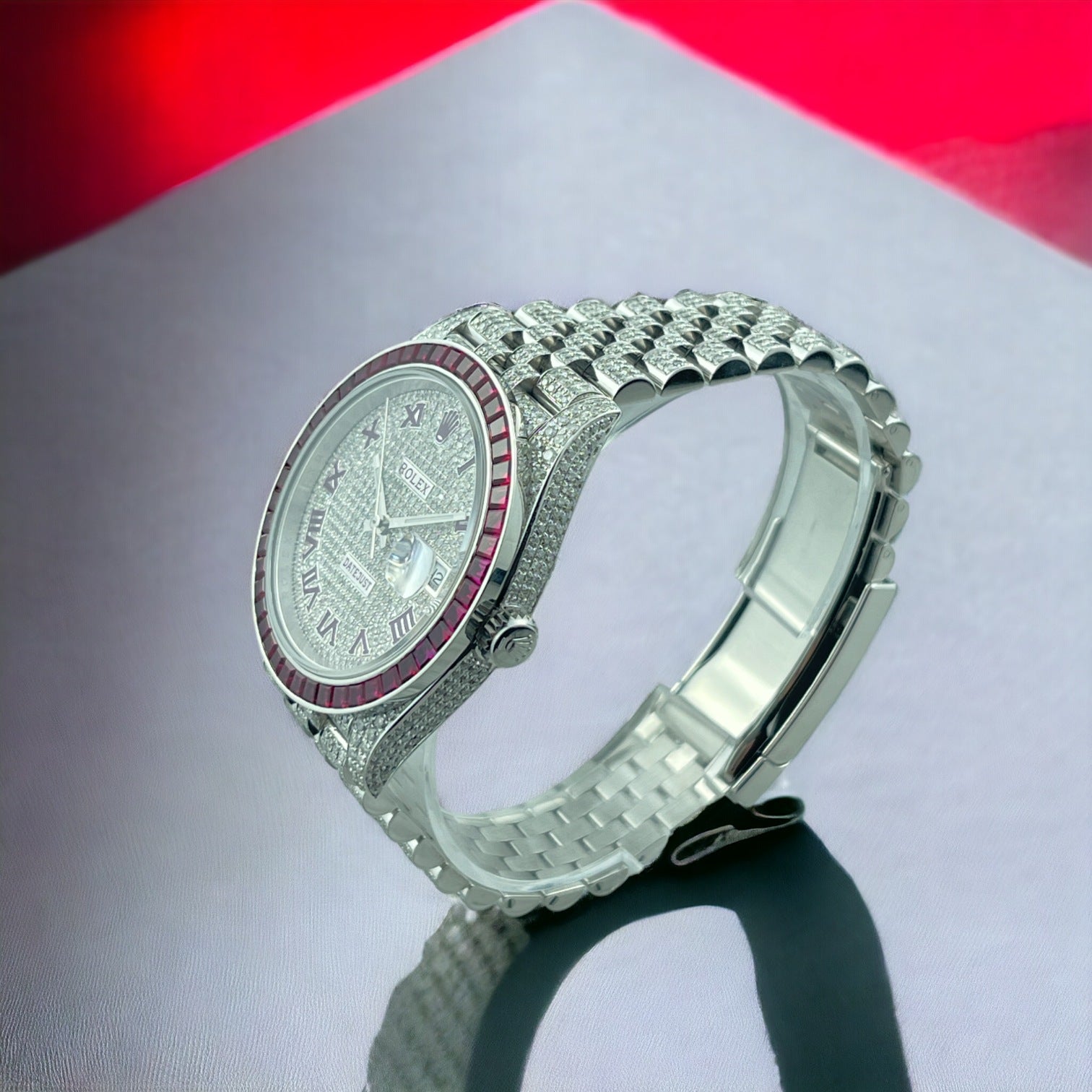 Datejust 41 Full Iced out – Ruby bezel - Red roman dial