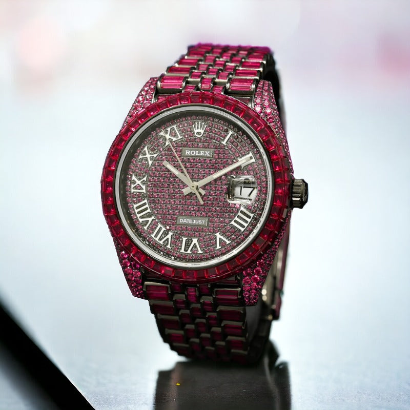 Red iced out rolex sale