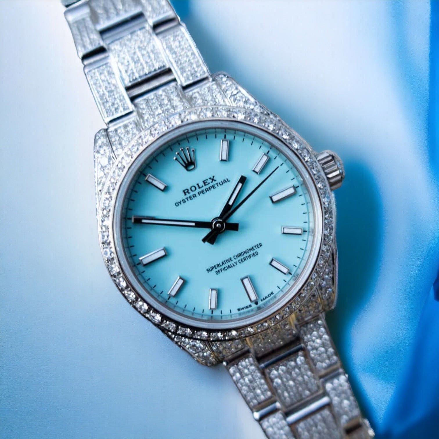 Oyster Perpetual 31 - Turquoise Blue Dial – Custom Diamond-Set - Iced Out