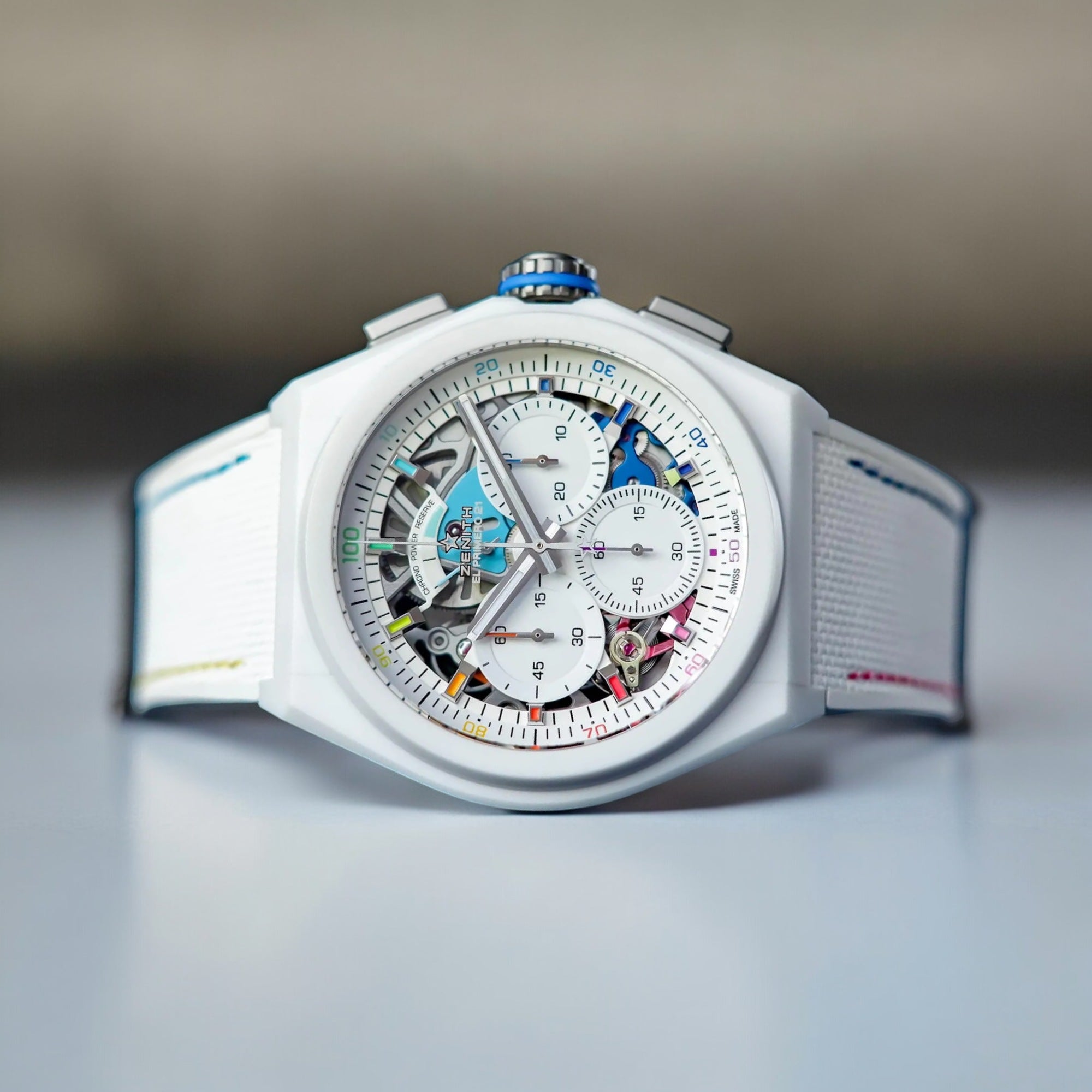 Defy 21 Chroma II Watch - 44 mm White Ceramic Case - White Openworked Dial - White Rubber