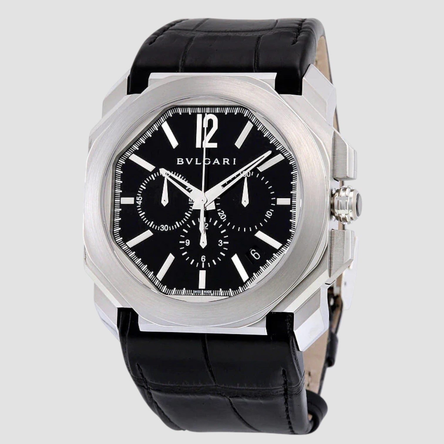 Octo Velocissimo Chronograph Black Lacquered Polished Dial Black Leather