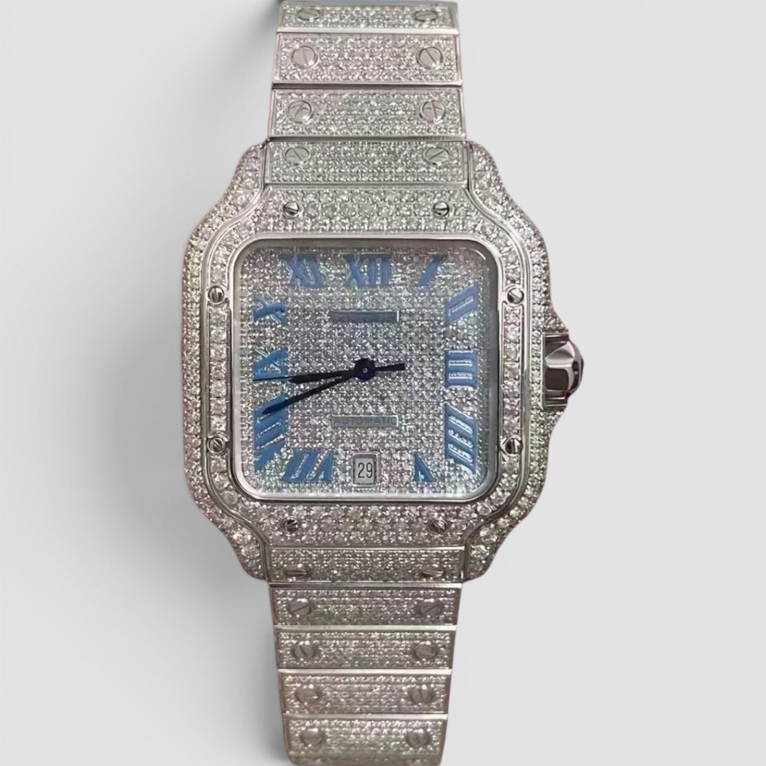 Santos De Cartier Iced Out Custom Baby Blue Enamel Pave Dial