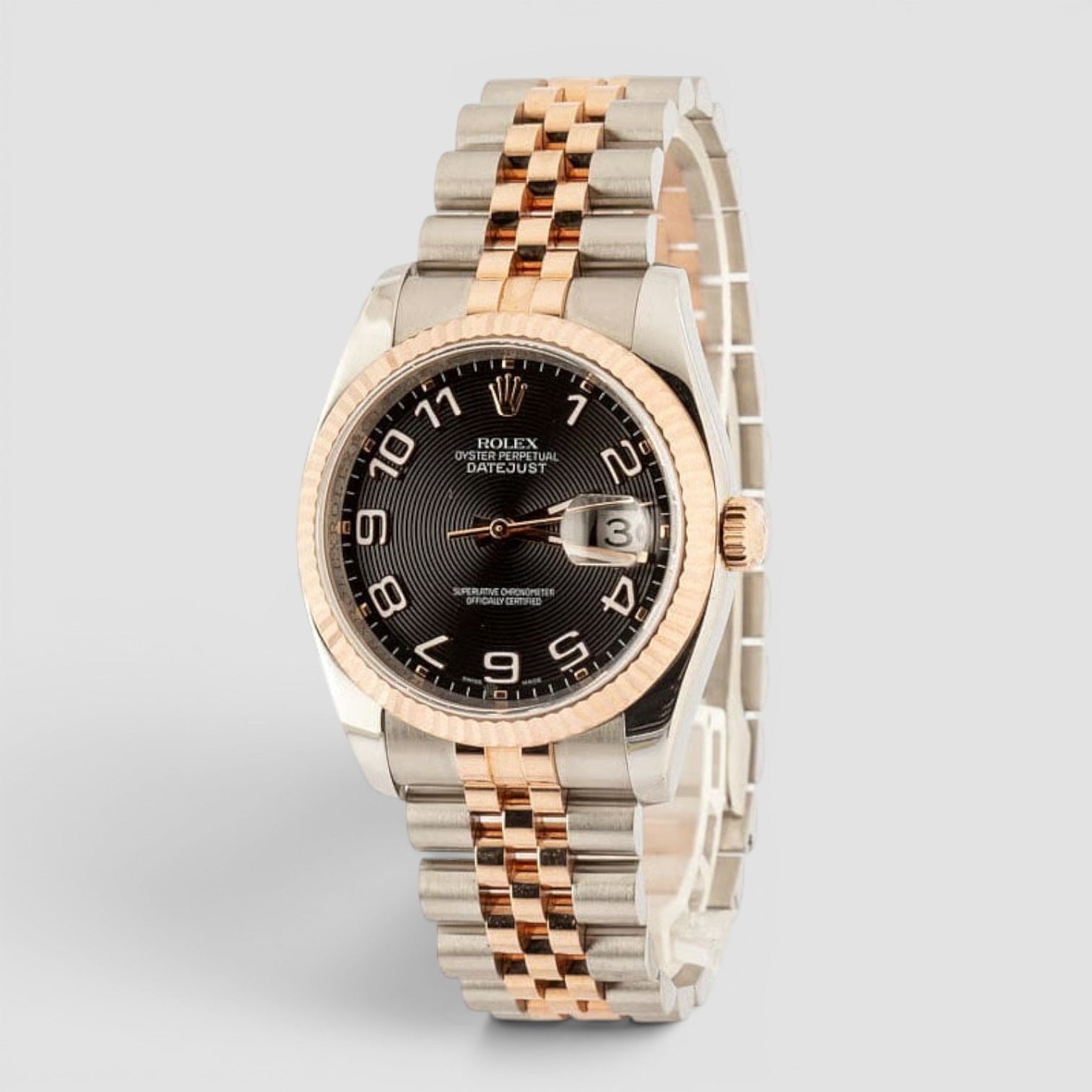 Datejust 36 Black Concentric Dial Rose Gold/Steel Jubilee