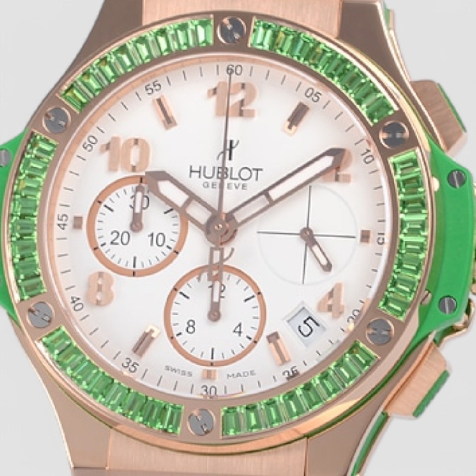 Tutti Frutti Rose Gold White Arabic Dial Tsavorite Bezel & Green Leather 41mm