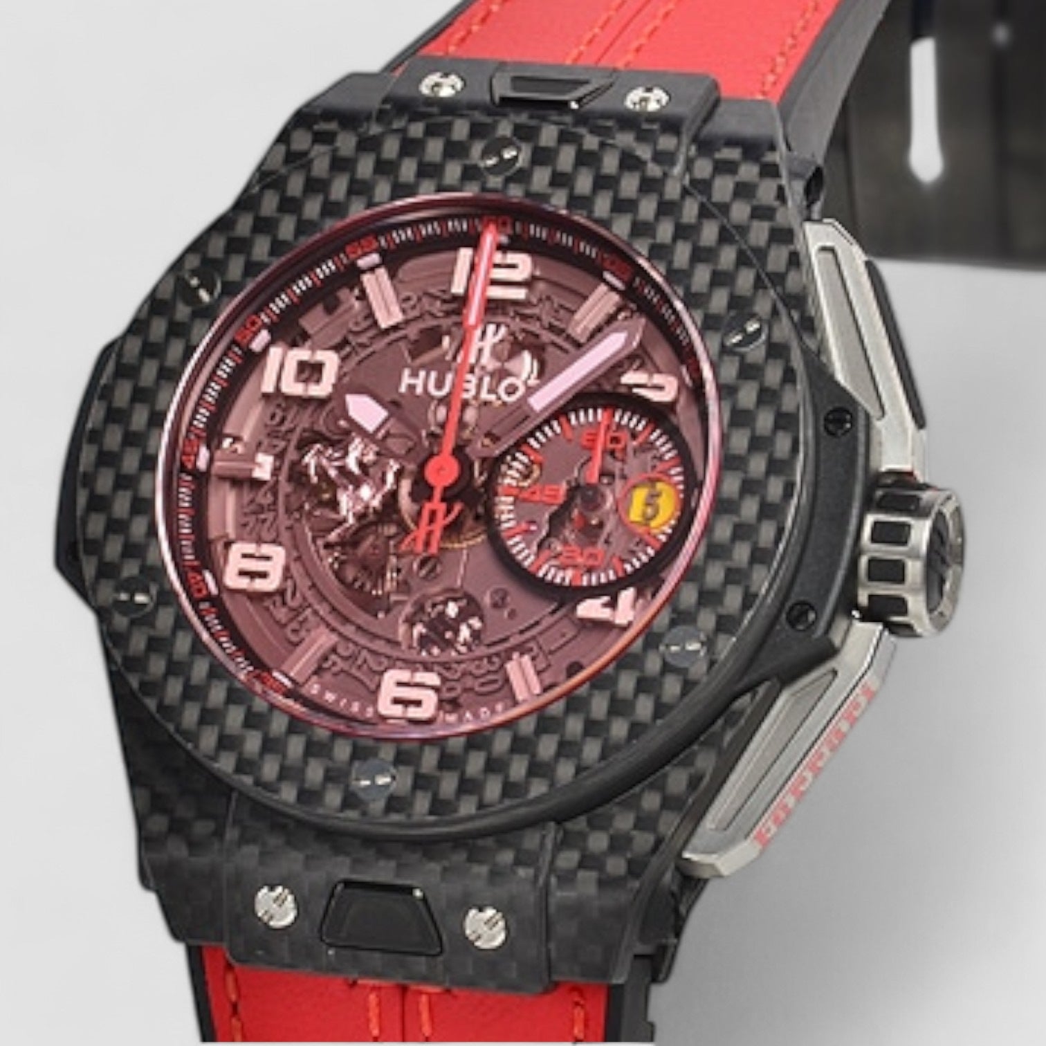 Big Bang Unico Ferrari Skeleton Pink Arabic Carbon Fiber Case Leather 45mm