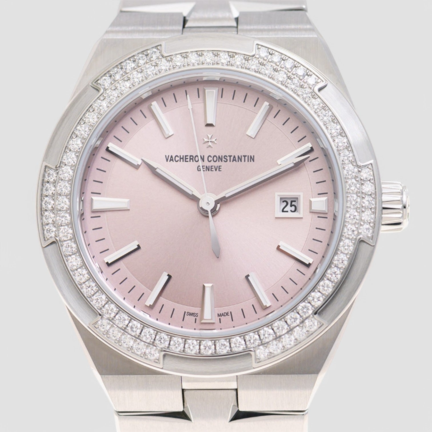 Overseas Self-Winding Steel Pink Dial Diamond Bezel