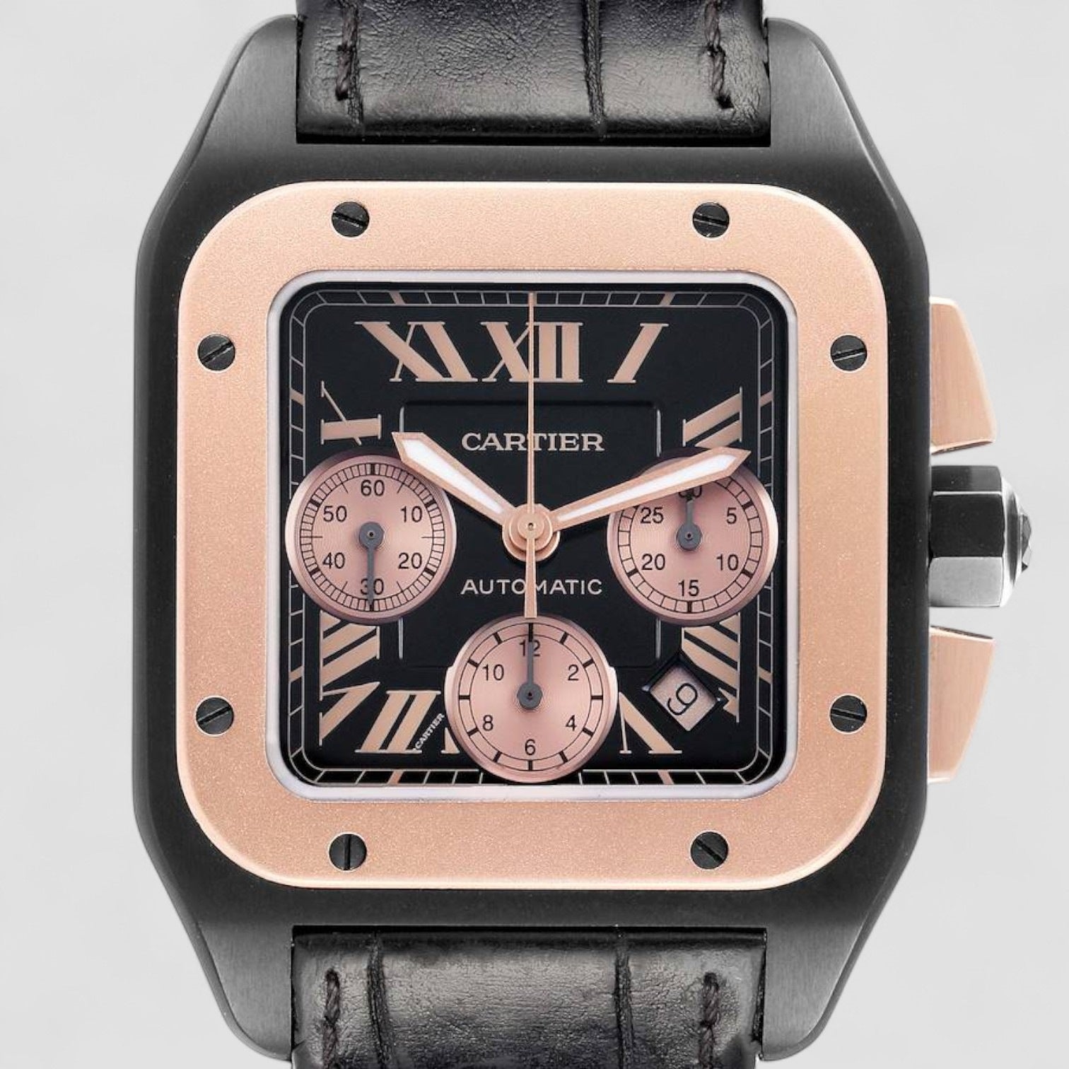 Santos 100 XL Carbon Rose Gold Chronograph Mens Watch