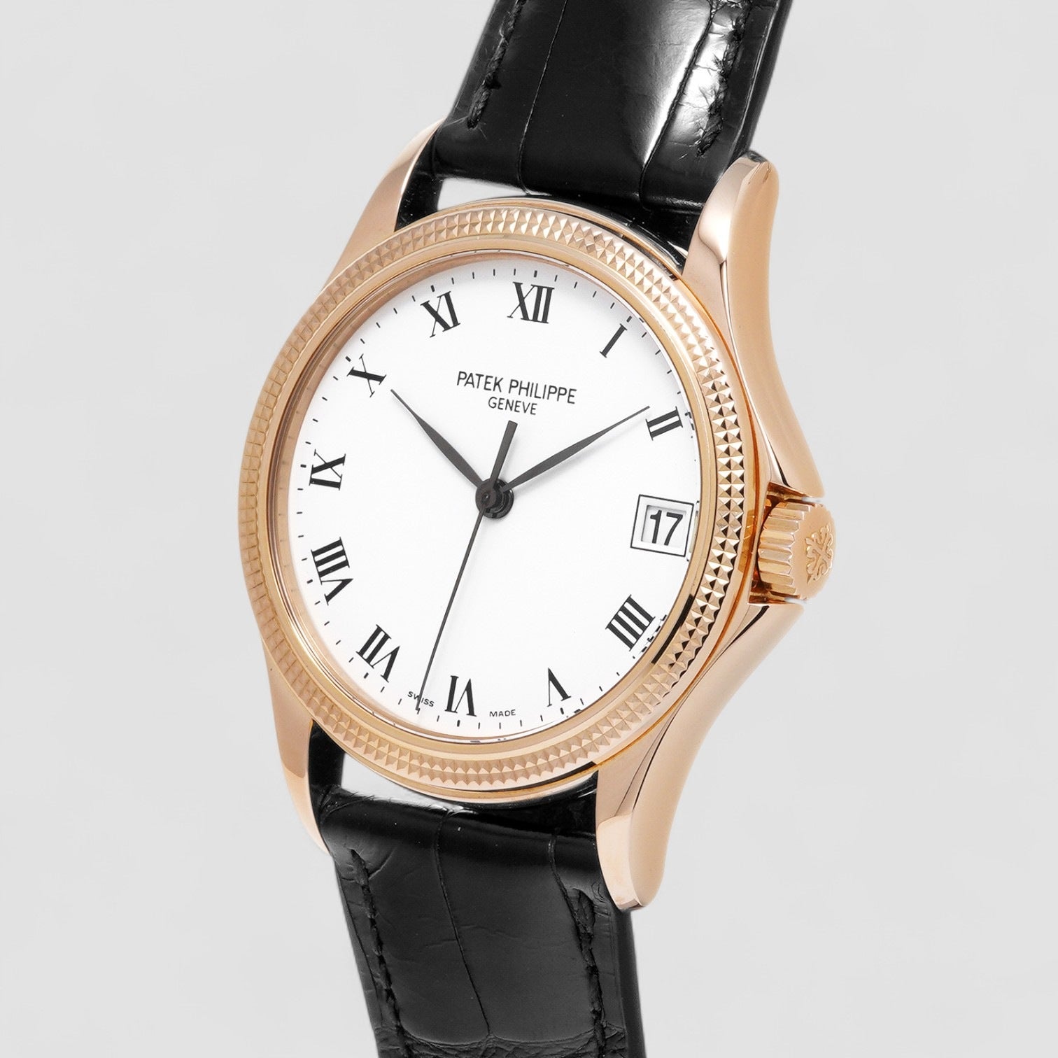 Calatrava 18K Rose Gold White Roman Hobnail