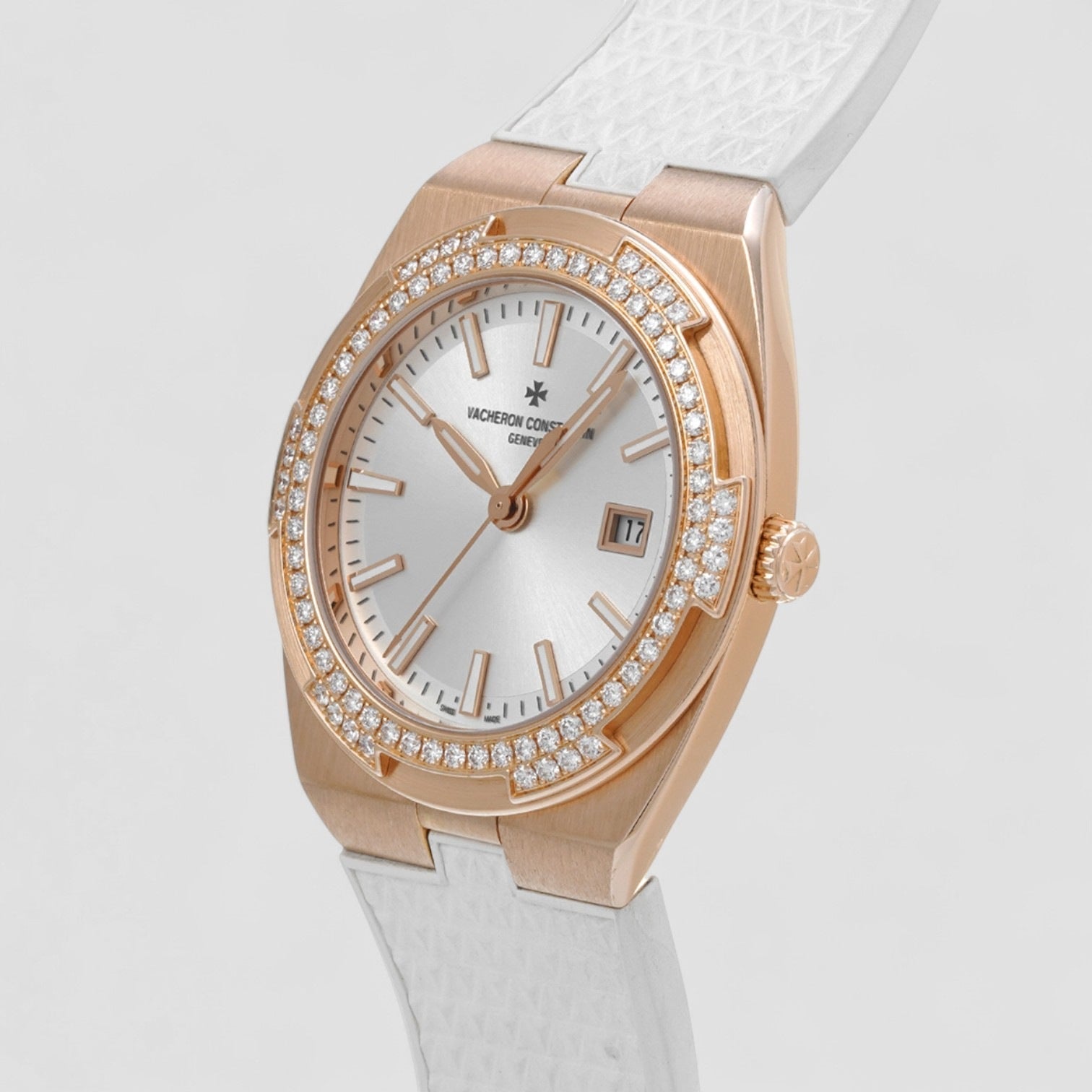 Overseas Quartz Pink Rose Gold Silver Dial Diamond Bezel 33mm