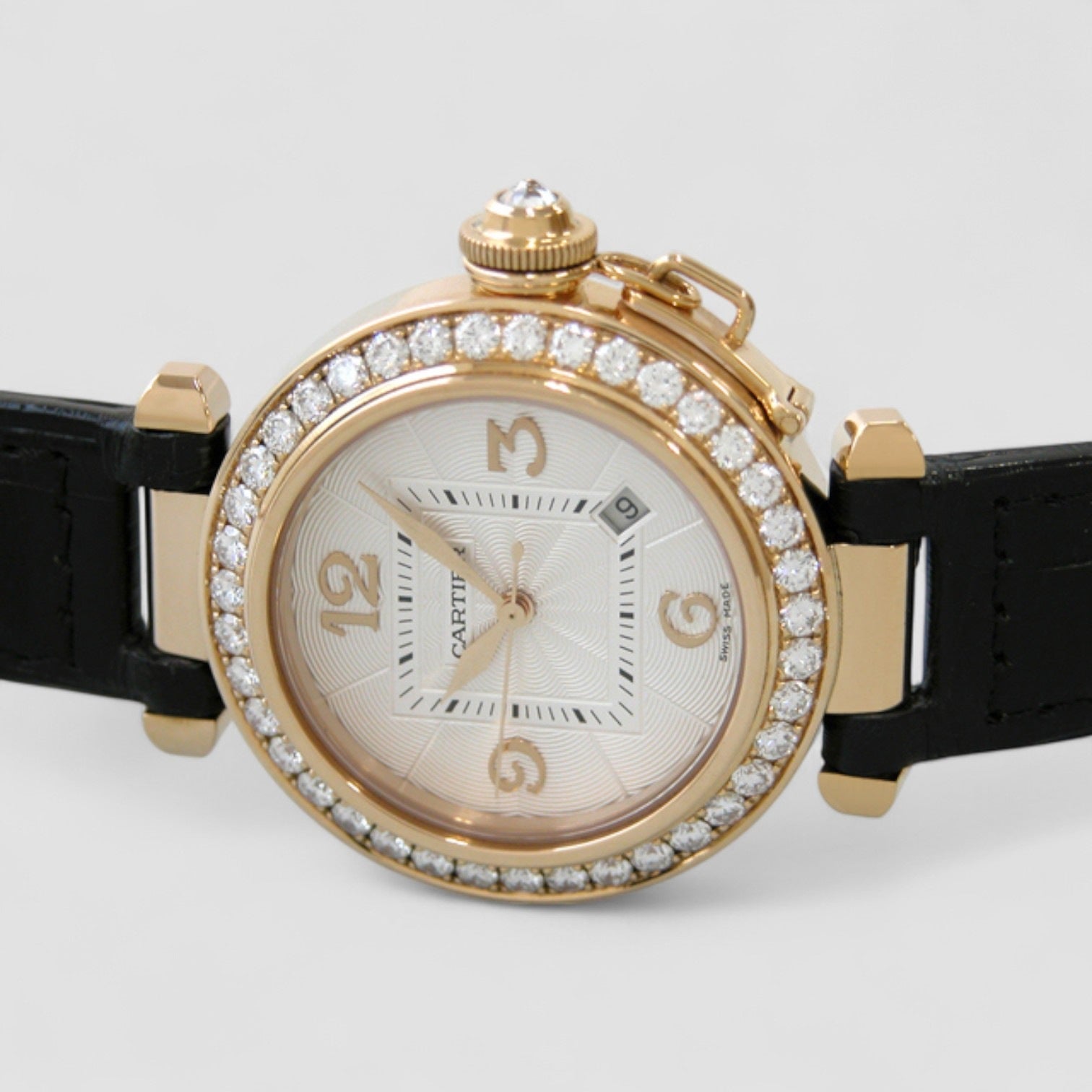 Pasha YG Diamond Bezel Black Leather Silver 32mm