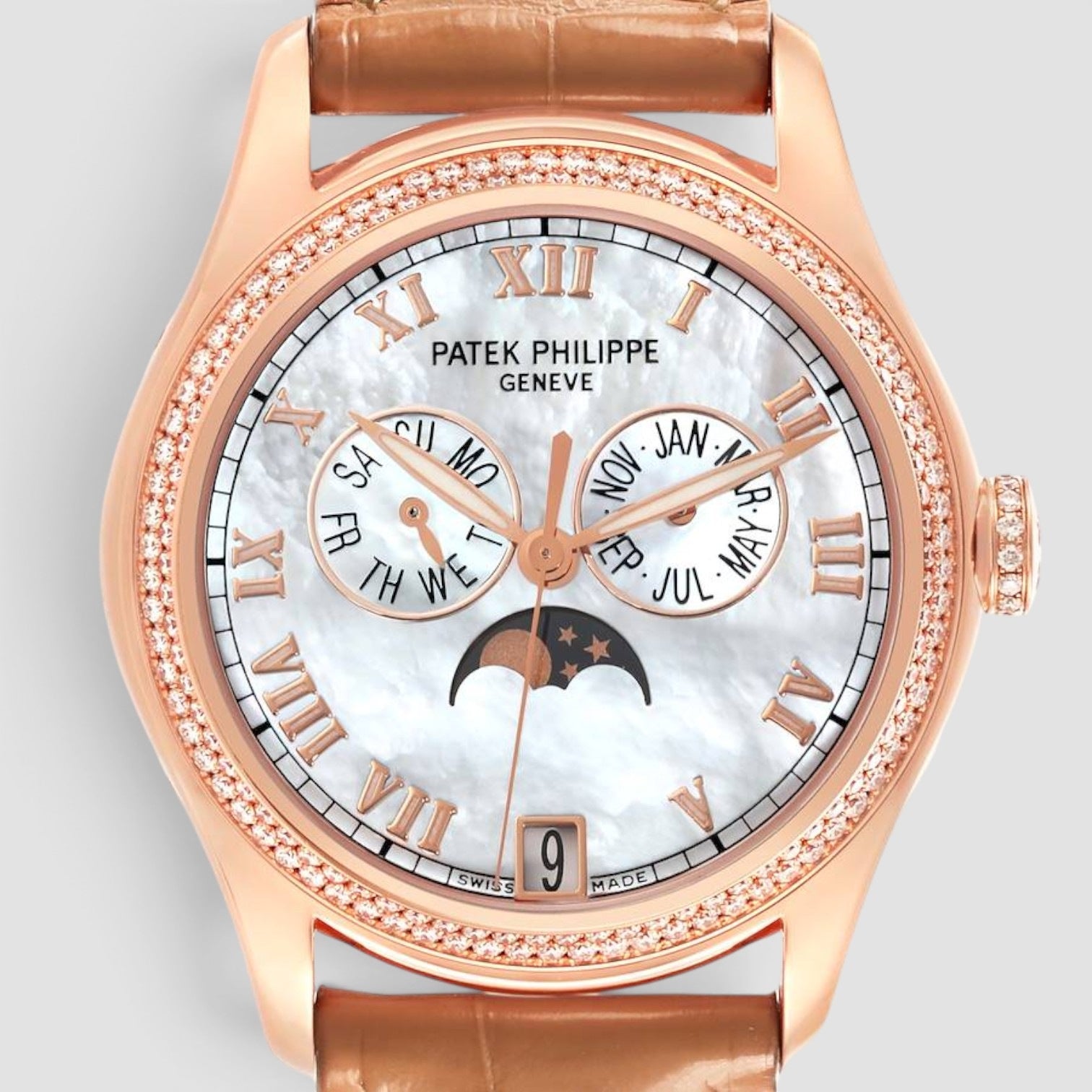 Annual Calendar Complications 37mm Rose Gold Diamond Mother of Pearl Dial
