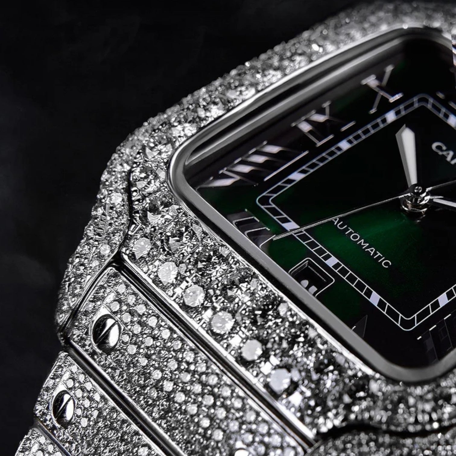 Santos Large – Steel – Custom Diamond-Set with Green Dial Iced Out