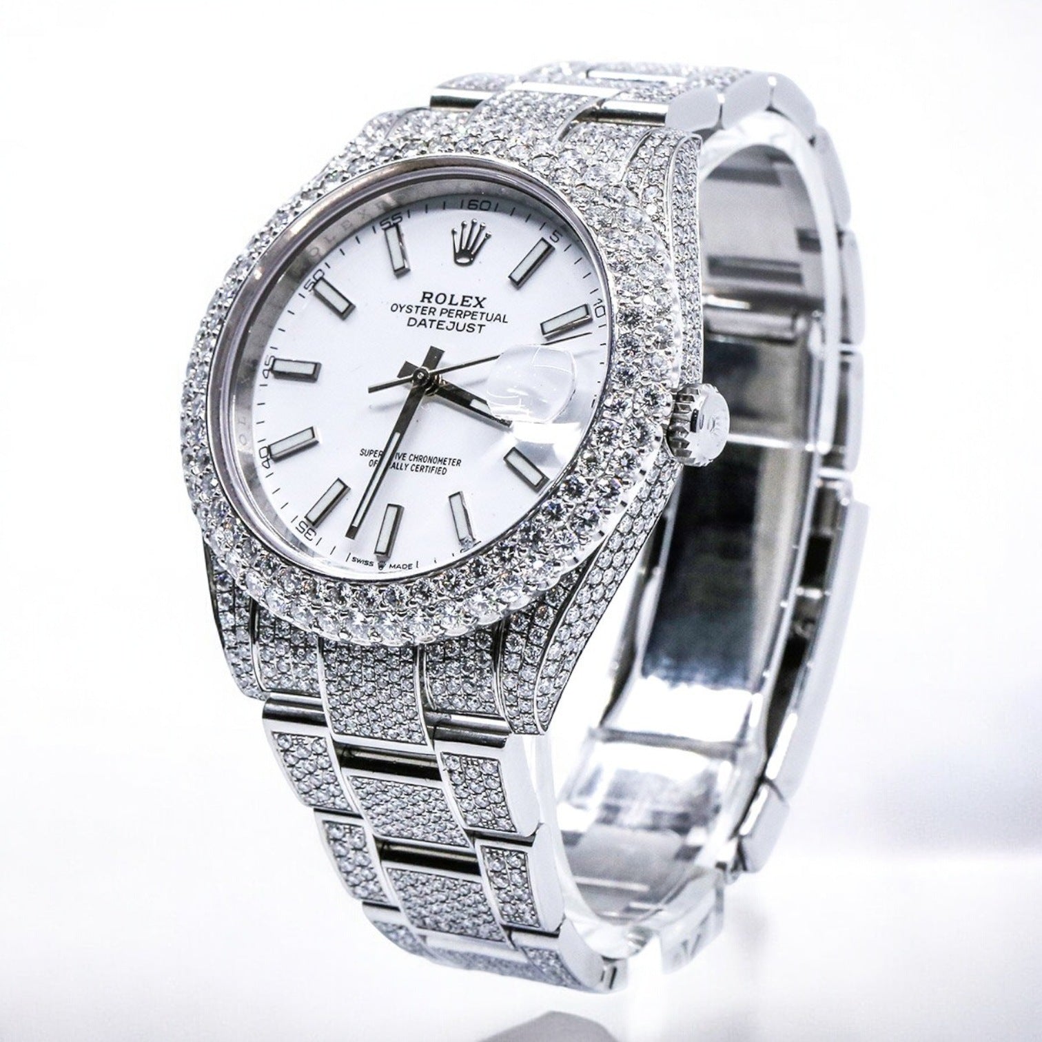 Datejust 41 Iced Out White Stick Dial Oyster Bracelet - Custom