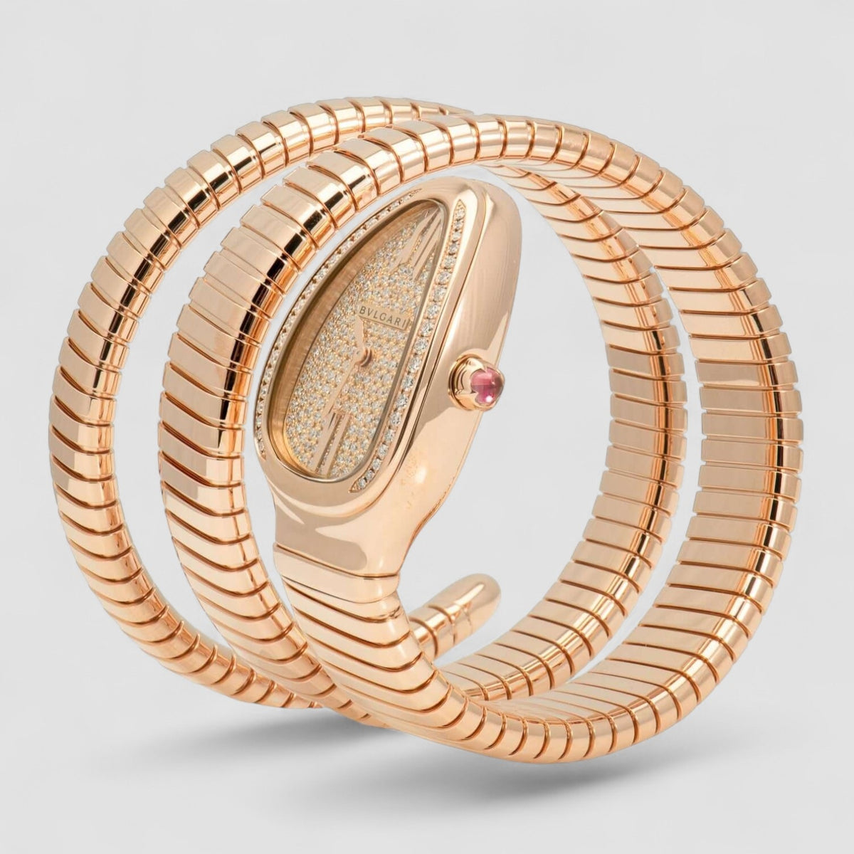 Serpenti Tubogas 18k Pink Gold Diamond Pave Dial Quartz Ladies Watch