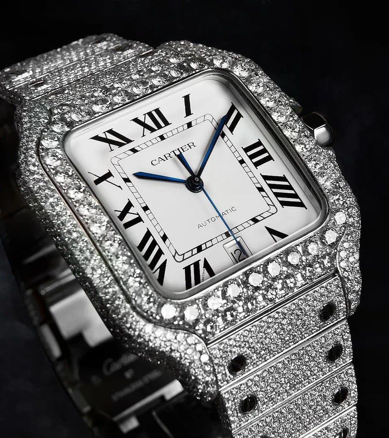 Santos Large – Custom Diamond-Set with White Roman Dial – Blue Sword Hands Iced Out