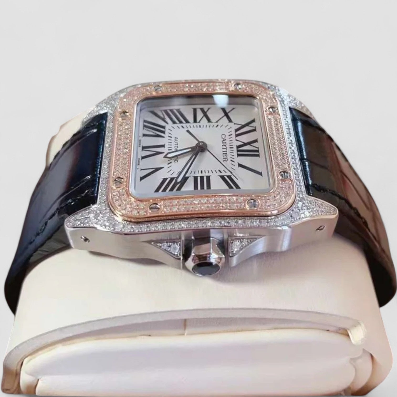 Santos 100 18kt Rose Gold and Steel Midsize Iced Out Custom Diamonds