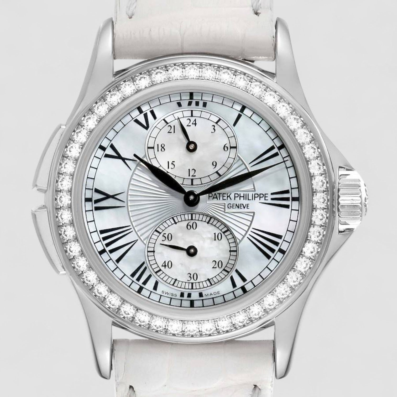 Calatrava Travel Time White Gold Mother of Pearl Diamond Ladies Watch