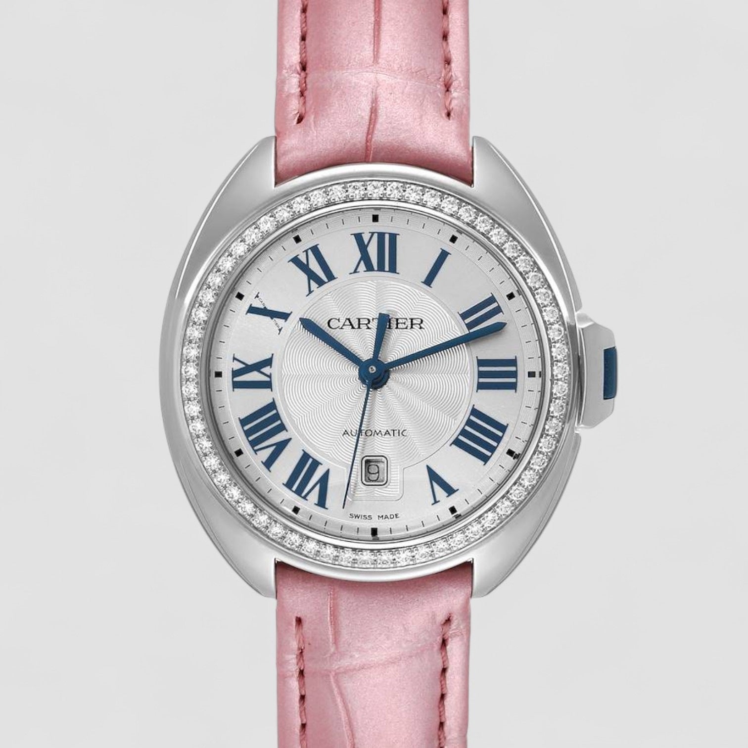Cle Silver Guilloche Dial Diamond Steel Ladies Watch