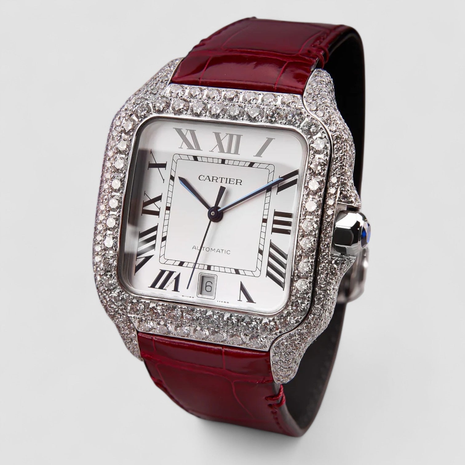 Santos Large – Steel – Custom Diamond-Set with Red Alligator Bracelet Iced Out