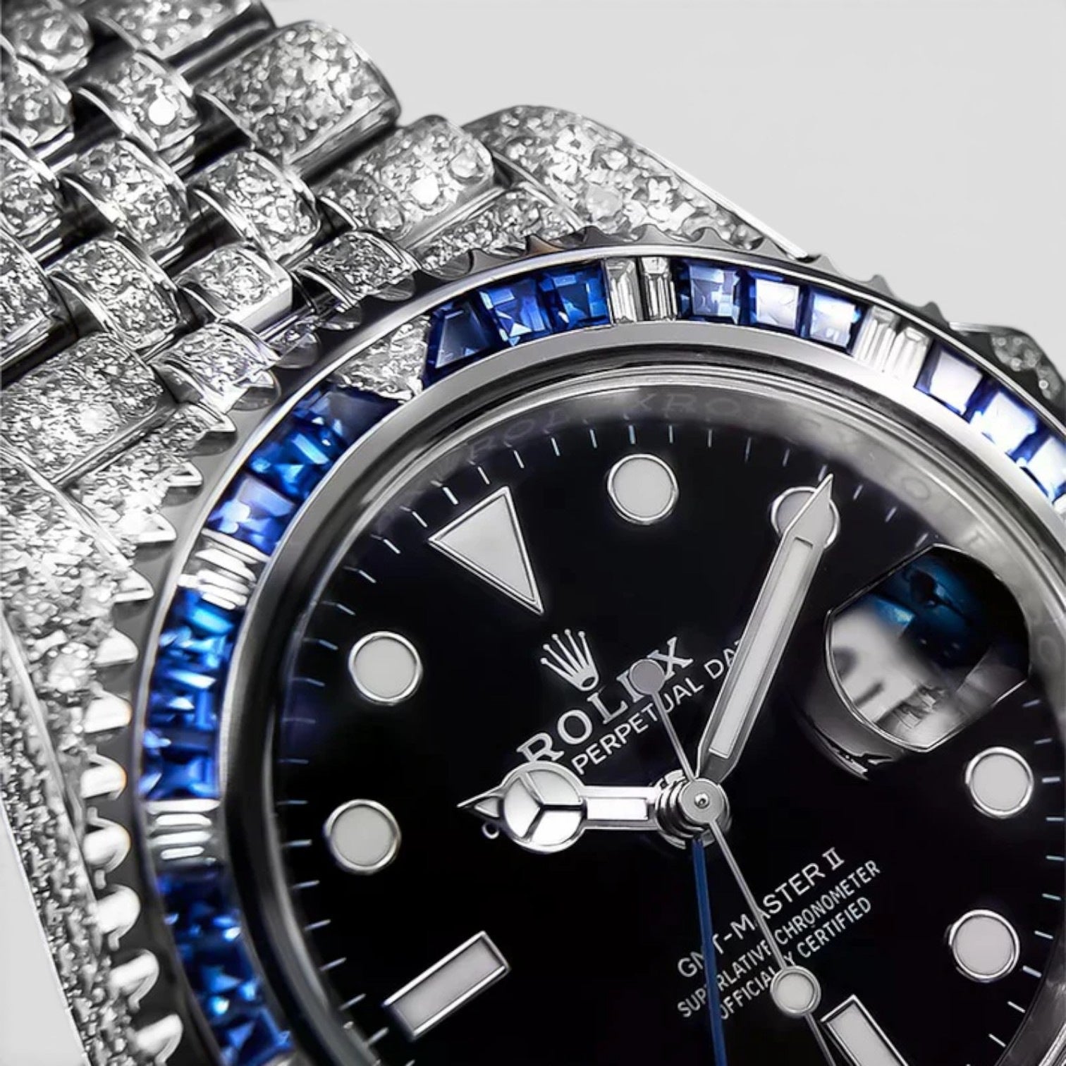 GMT-Master II Custom Diamond-Set with Blue/Black Gemstone bezel Iced Out