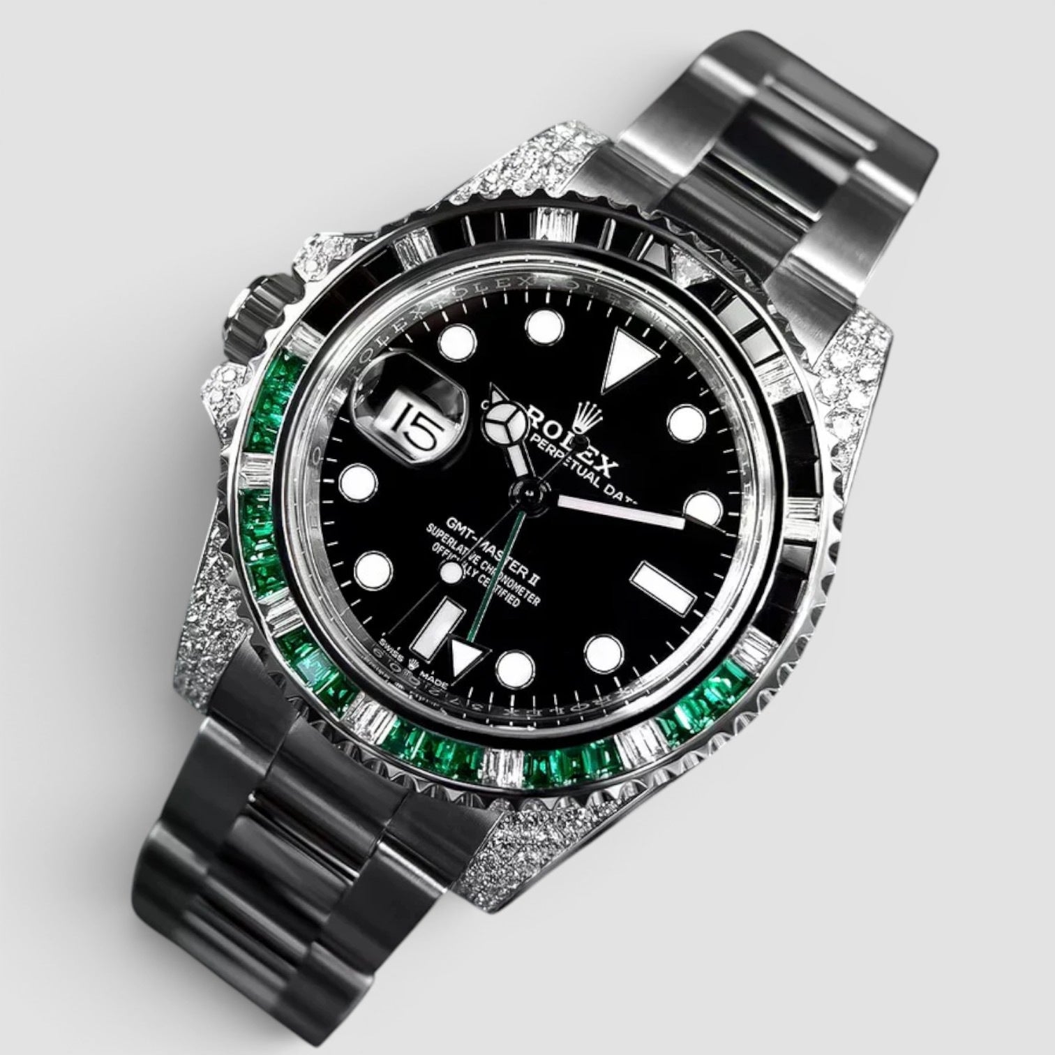 GMT-Master II Custom Diamond-Set with Green/Black Gemstone Iced Out