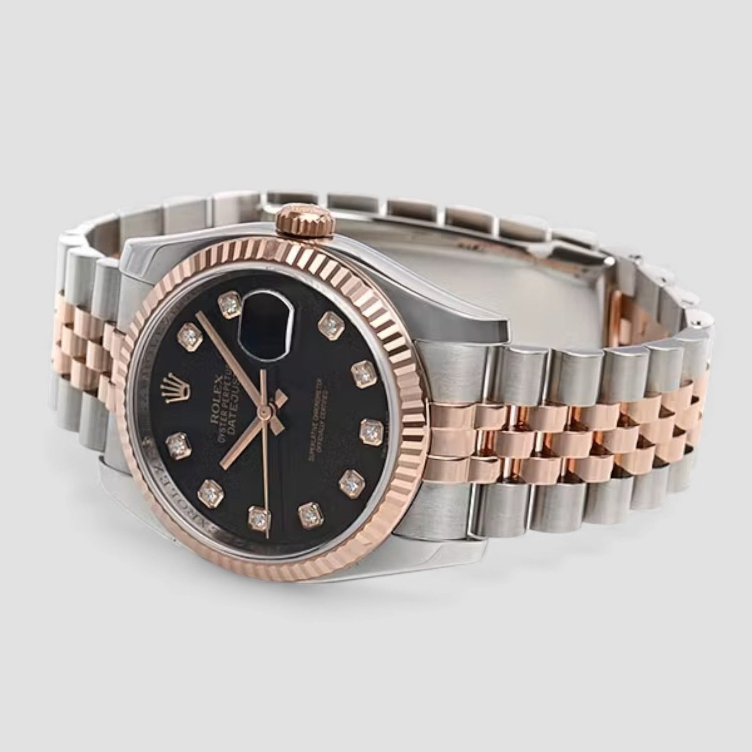 Datejust 36 Steel Rose Gold Black Diamond Dial Mens Watch