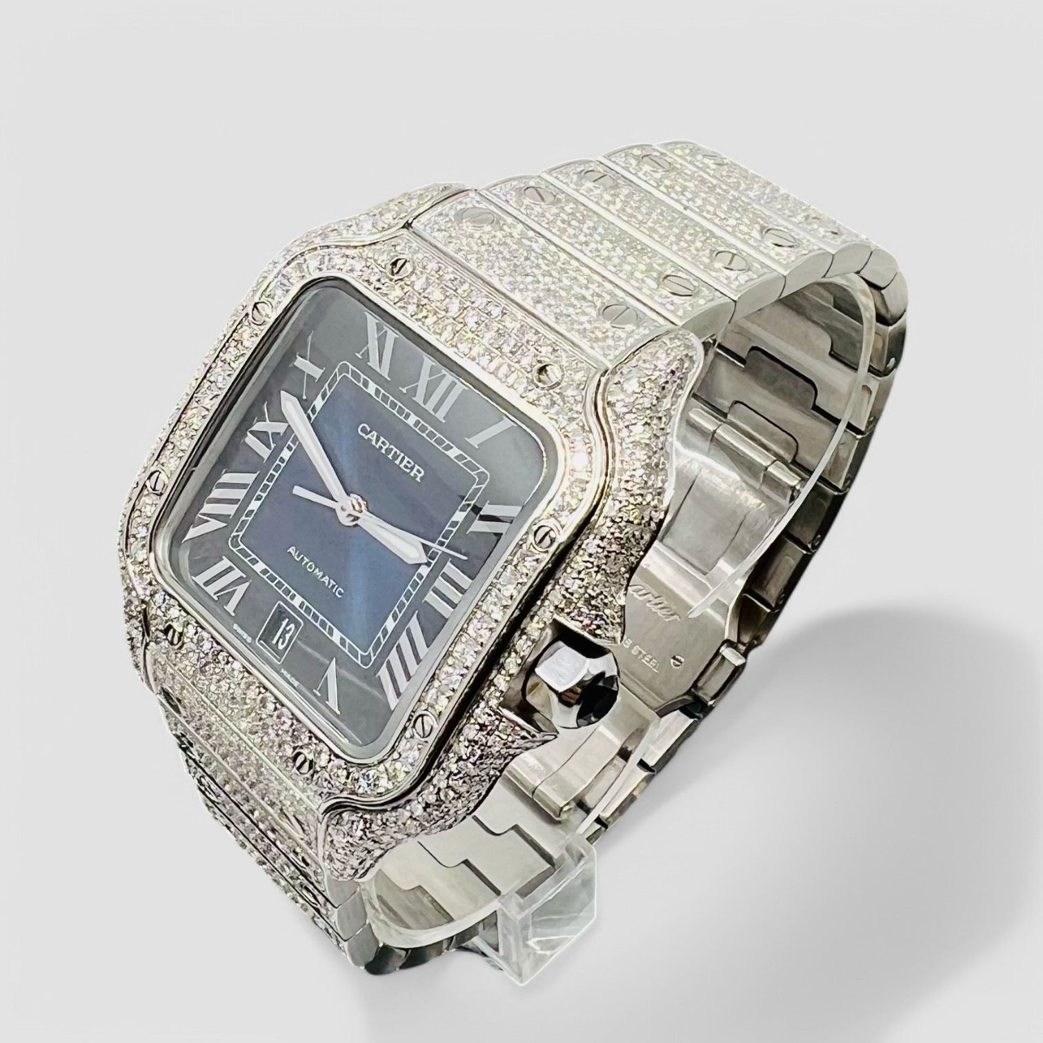 Santos De Cartier Iced Out Diamond – Roman Blue Dial