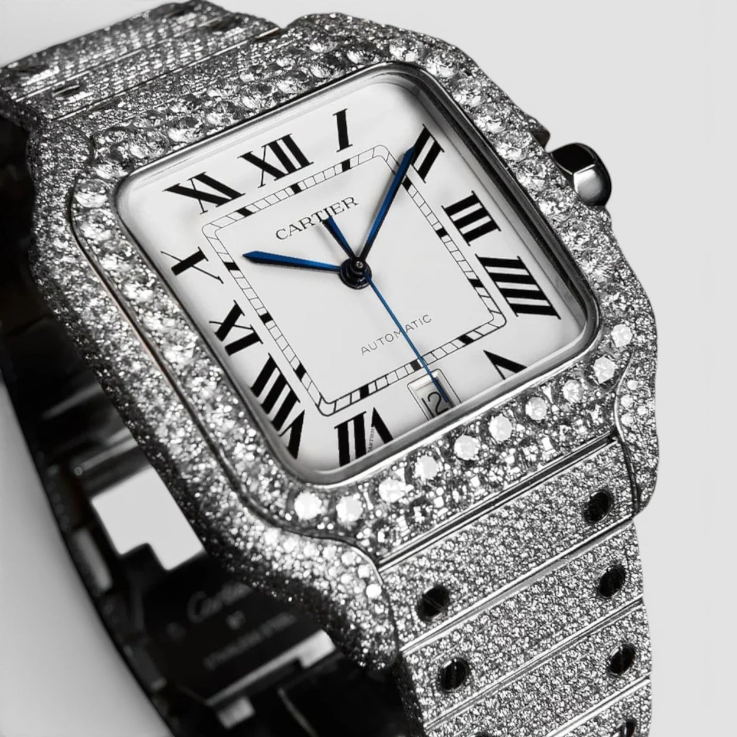 Santos Steel Diamond-Set with White Roman Dial Blue Swords