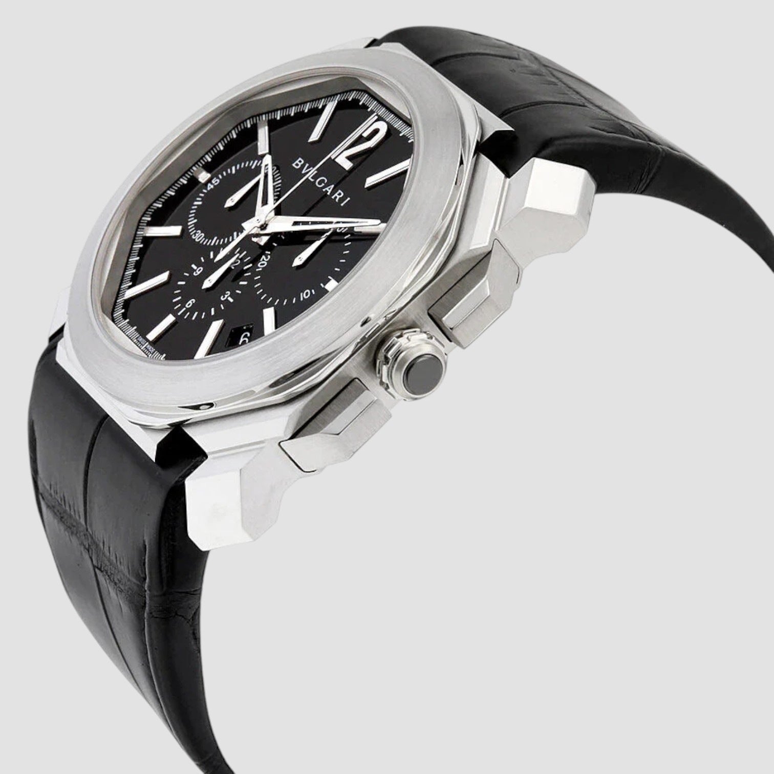 Octo Velocissimo Chronograph Black Lacquered Polished Dial Black Leather