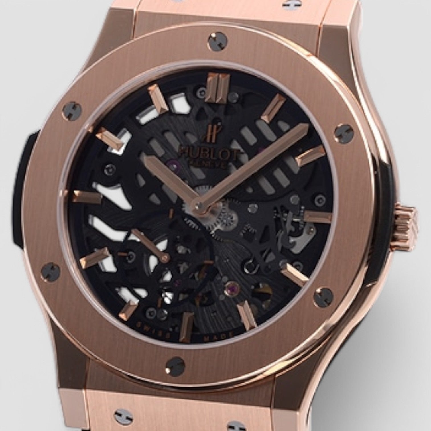 Classic Fusion 18kt Rose Gold Hand Wind Skeleton Dial Black Leather Men's Watch