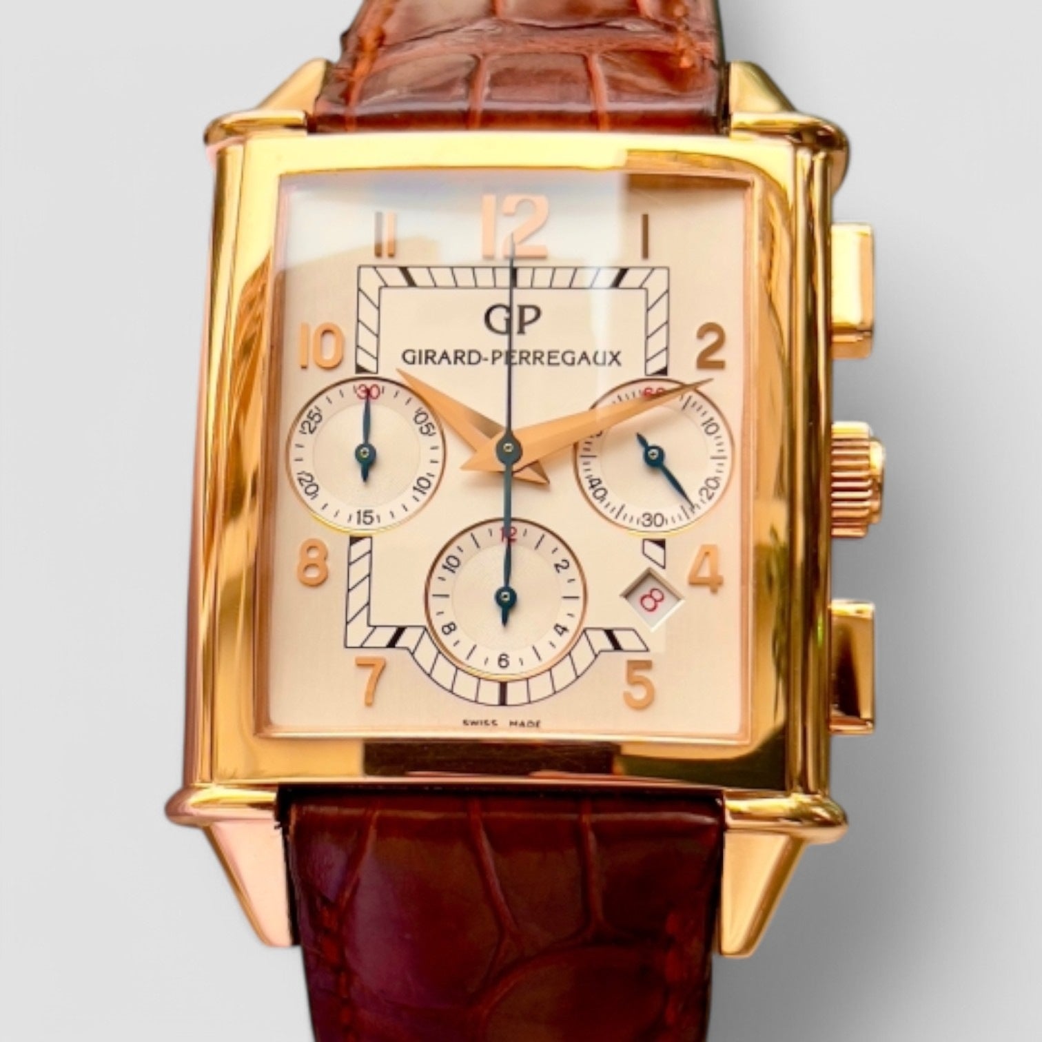 Vintage 1945 Silver Dial 18kt Rose Gold Brown Leather Men's Watch