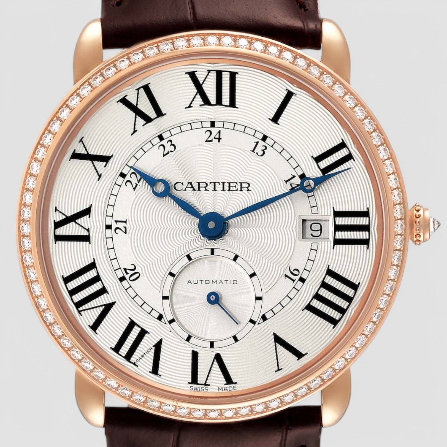 Ronde Louis Rose Gold Diamond Bezel Silver Dial Mens Watch